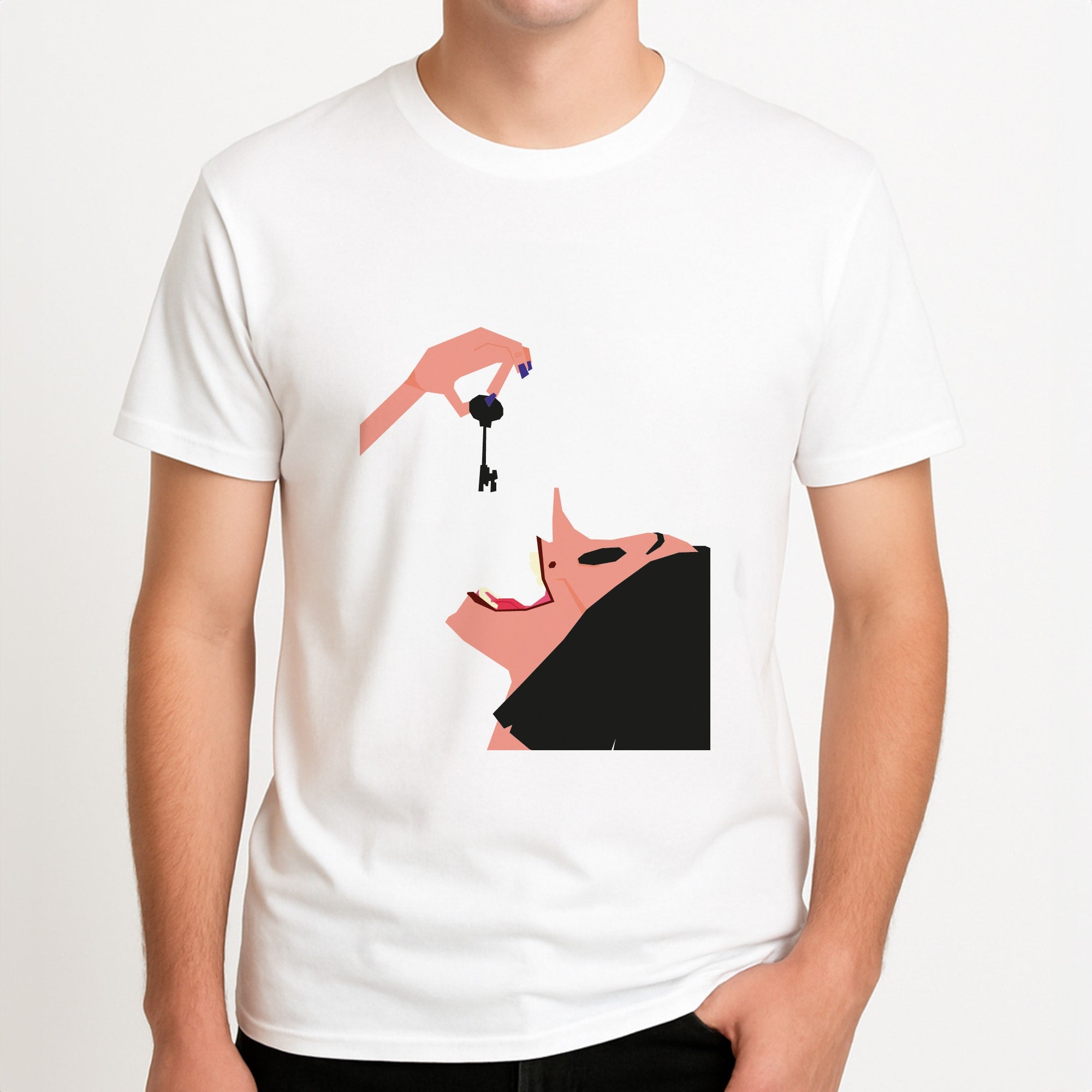 Key - Caroline Unisex T-Shirt, worn by a male model.
