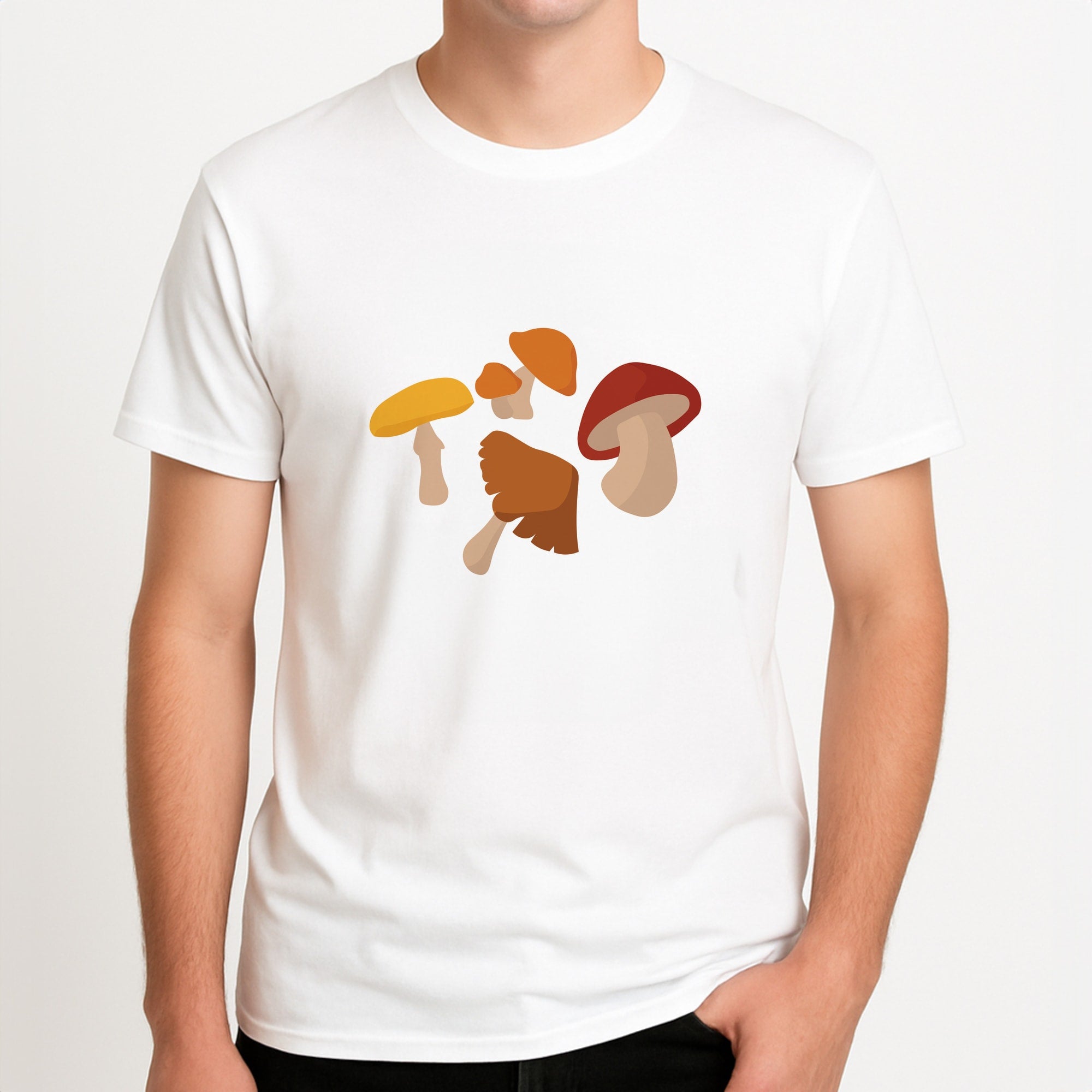 Mushroom Pattern - Autumn Unisex T-Shirt, worn by a male model.