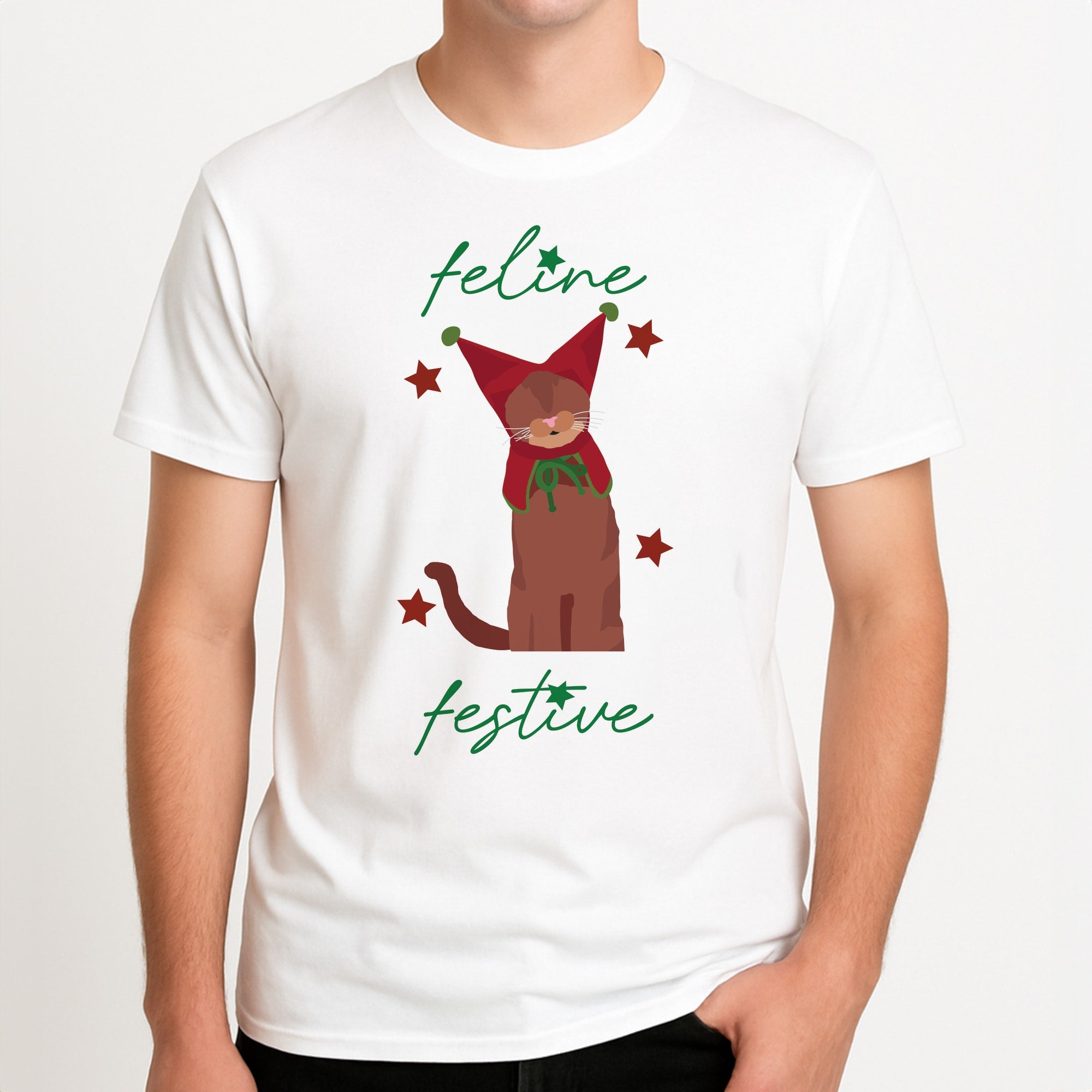 Feline Festive Unisex T-Shirt, worn by a male model.