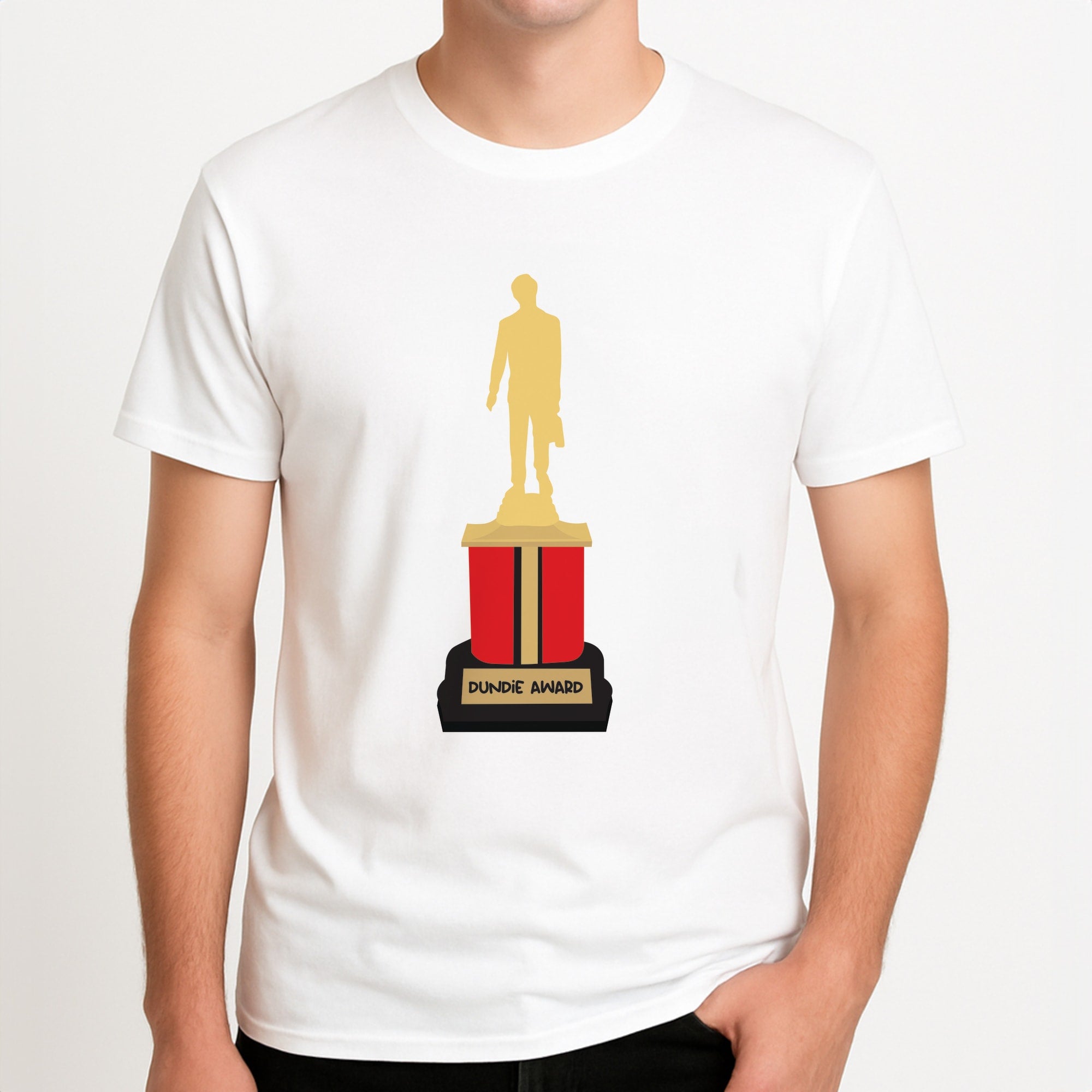 Dundie Award Unisex T-Shirt, worn by a male model.