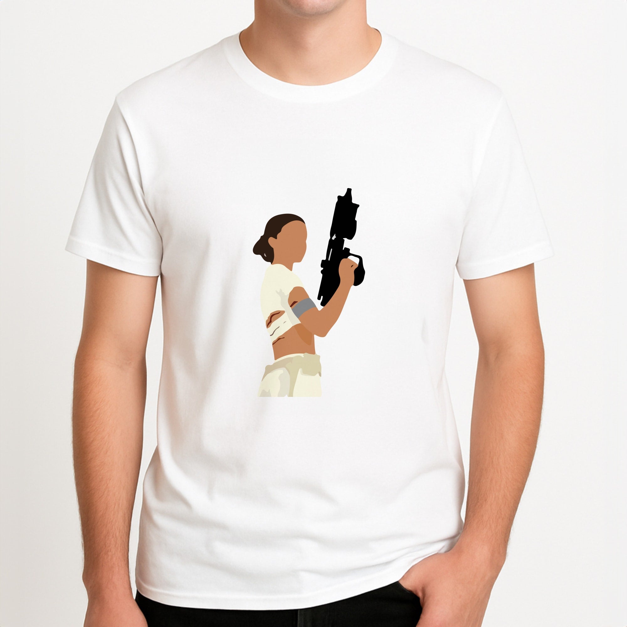 Leia With Gun Unisex T-Shirt, worn by a male model.