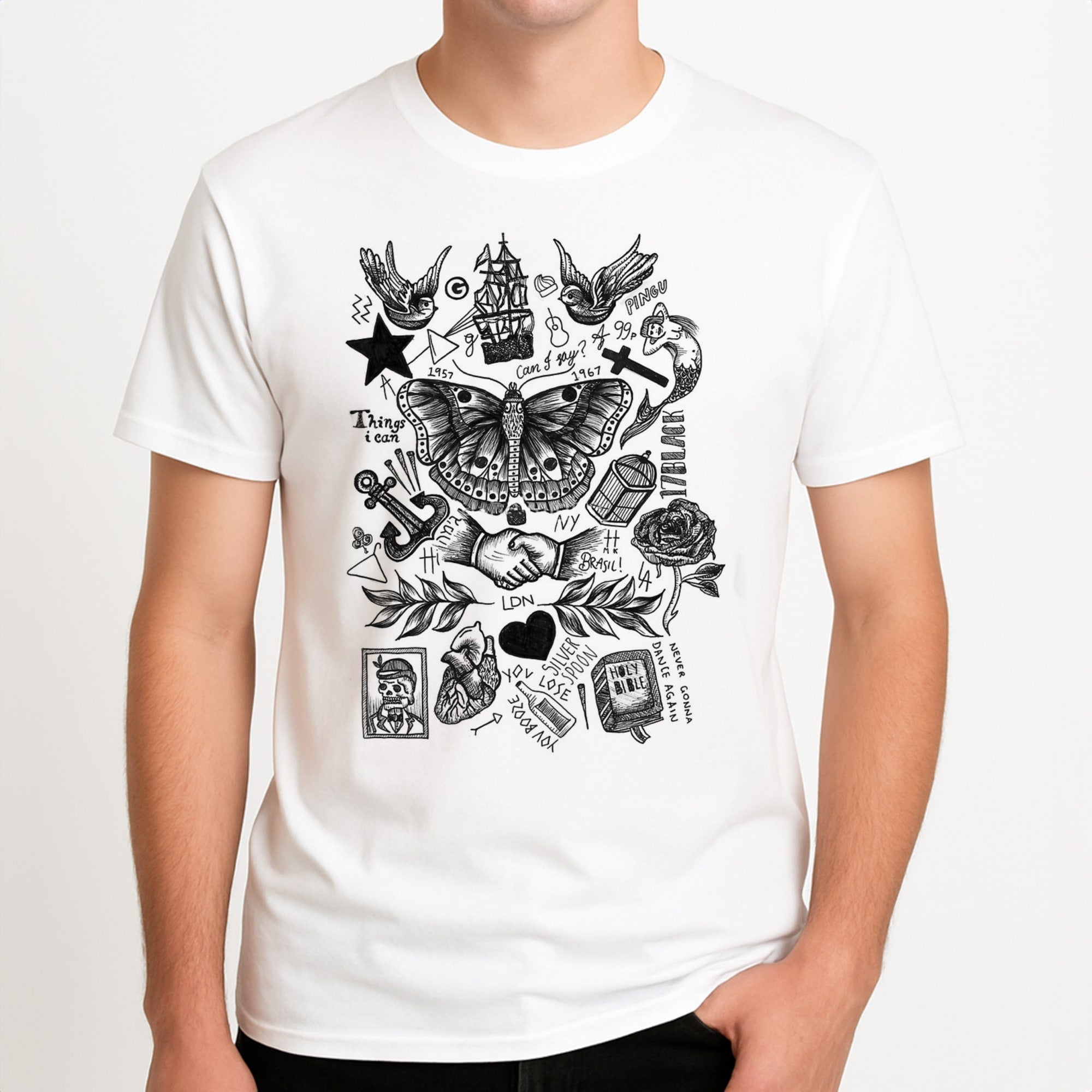 Harry Tattoos Unisex T-Shirt, worn by a male model.