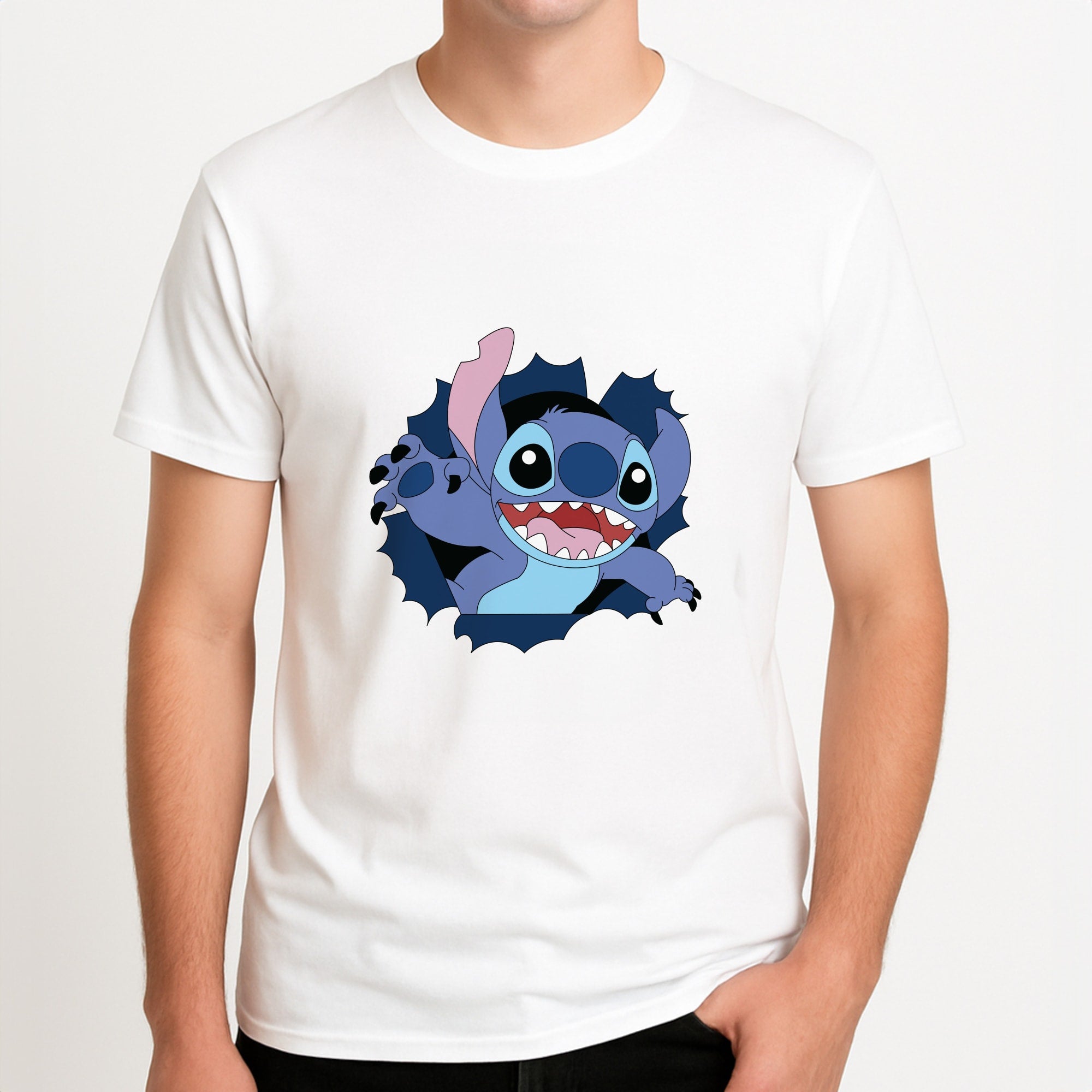 Torn Blue Alien Unisex T-Shirt, worn by a male model.