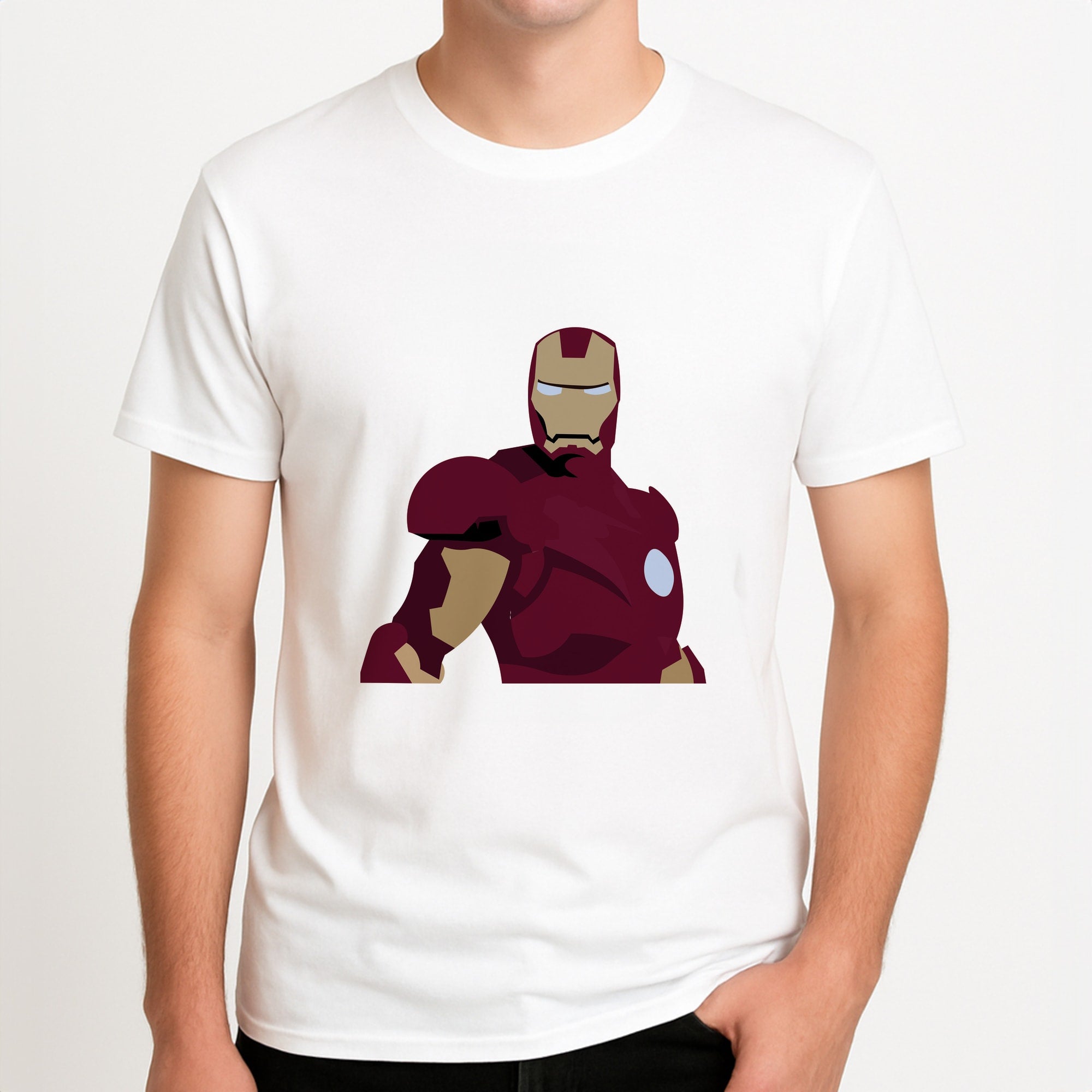 Iron man mask Unisex T-Shirt, worn by a male model.