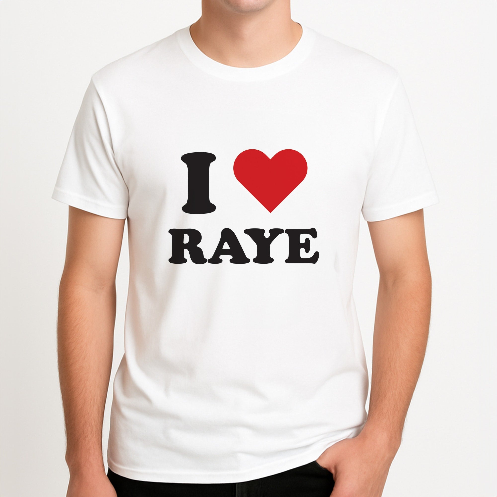 I Love Raye - Festival Unisex T-Shirt, worn by a male model.