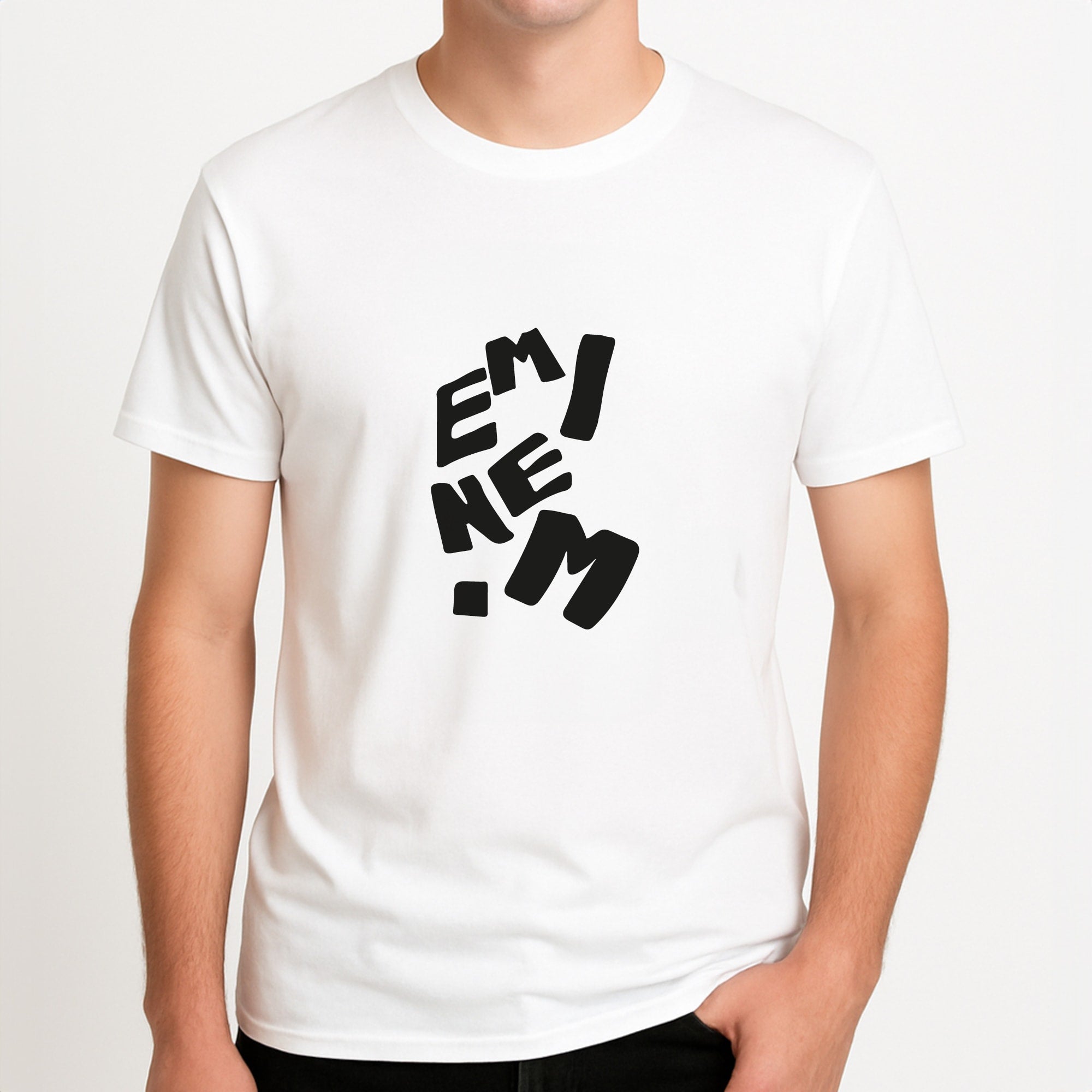 Text Unisex T-Shirt, worn by a male model.