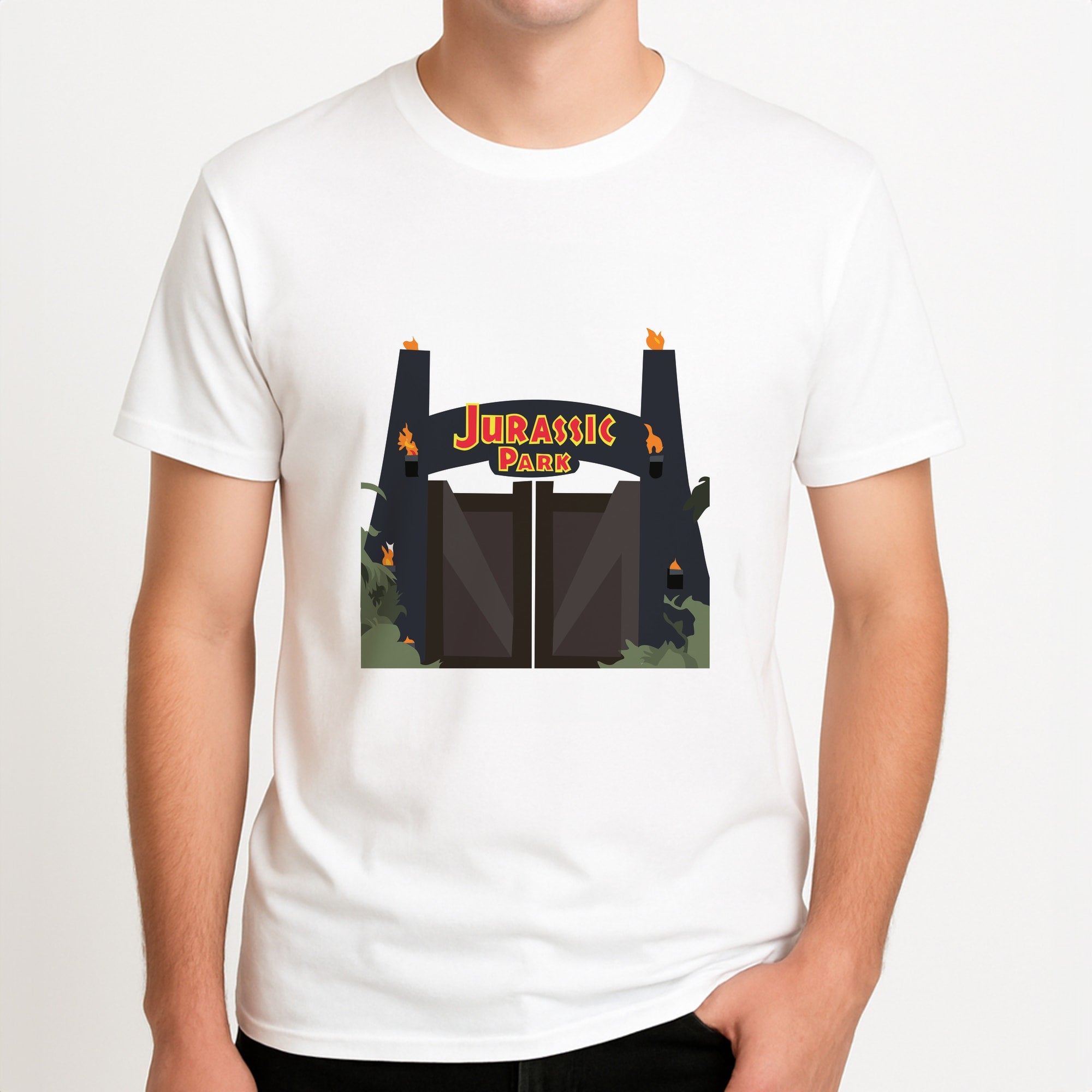 The gate - Dinosaur Park Unisex T-Shirt, worn by a male model.