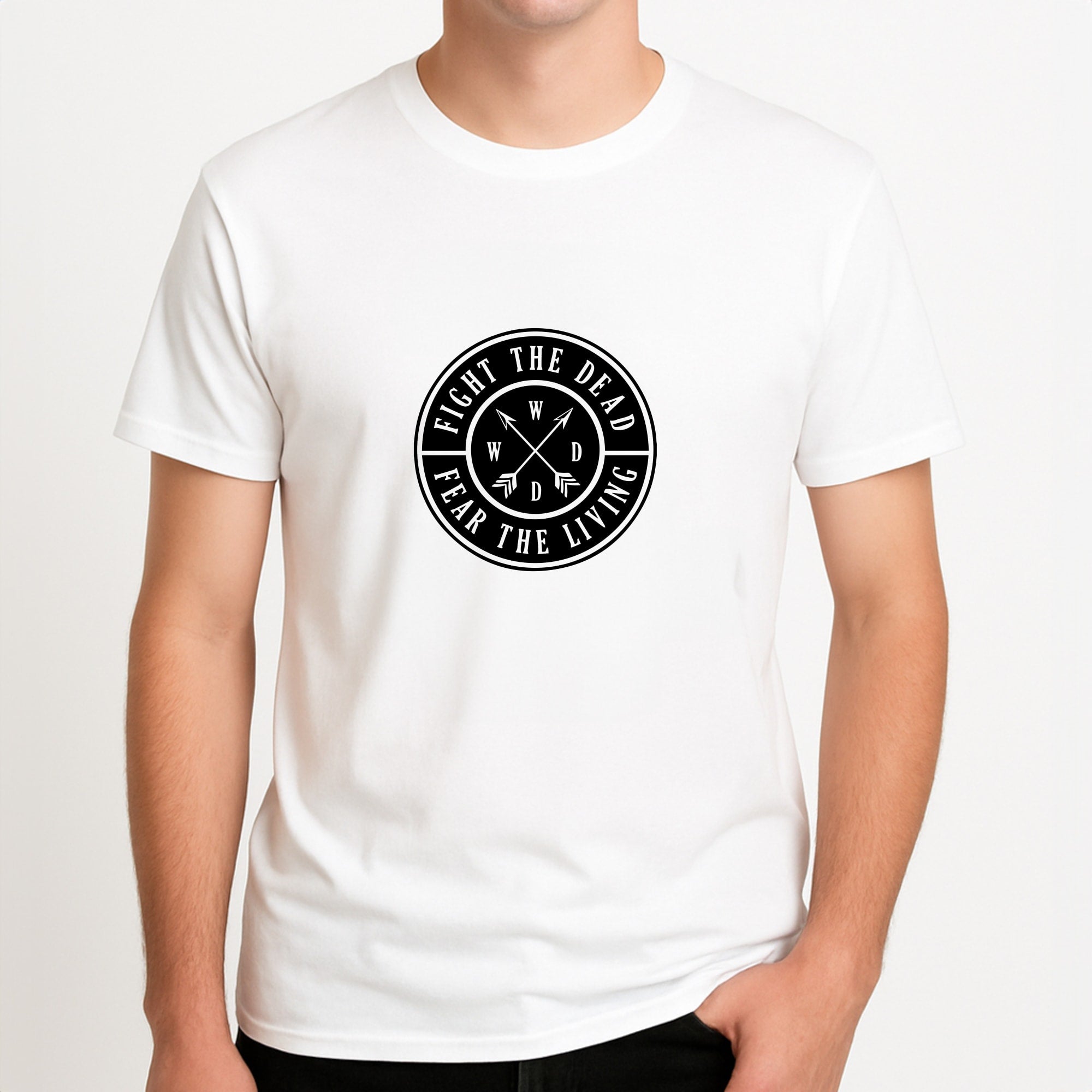 Fight The Dead, Fear The Living - TWD Unisex T-Shirt, worn by a male model.