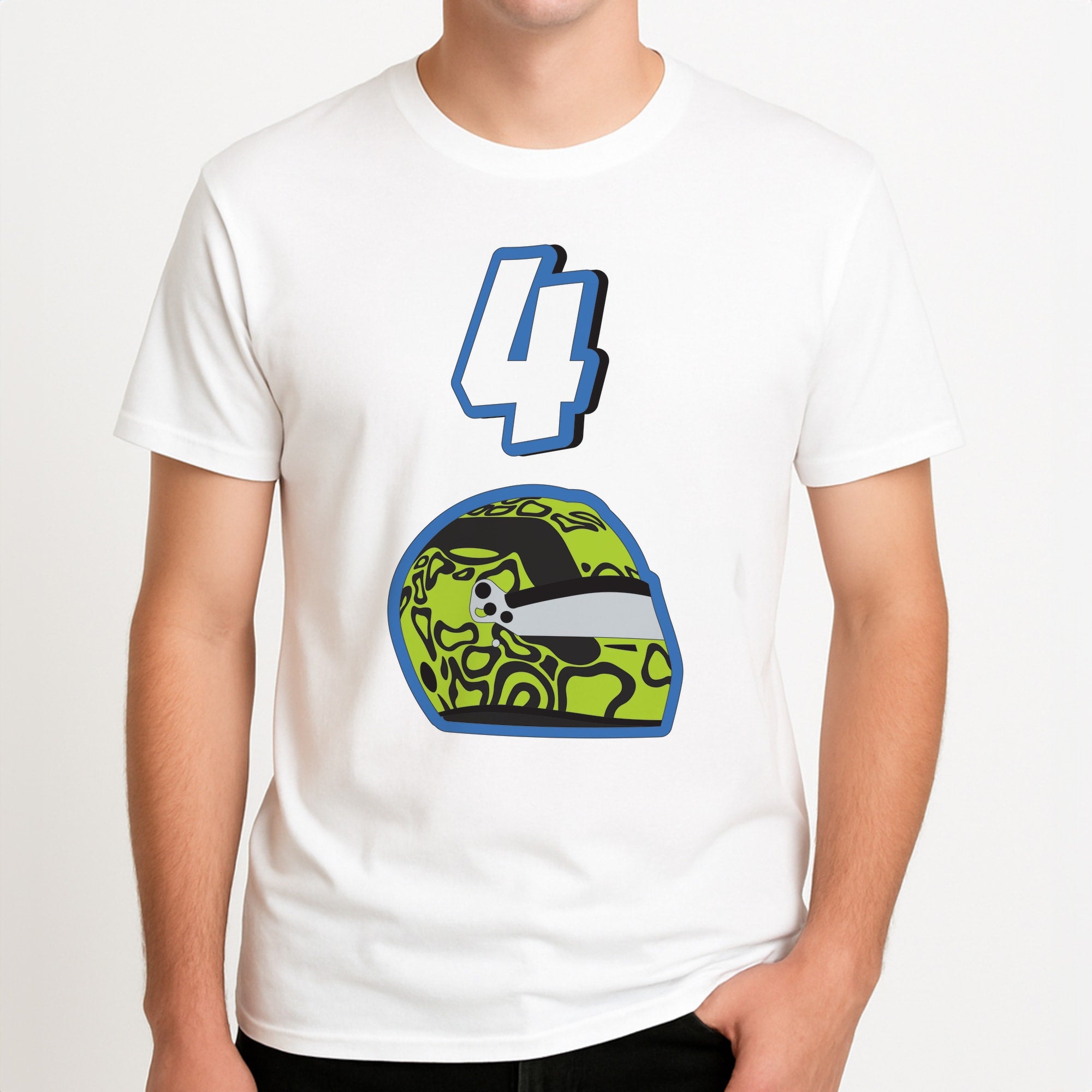 Helmet 4 Unisex T-Shirt, worn by a male model.