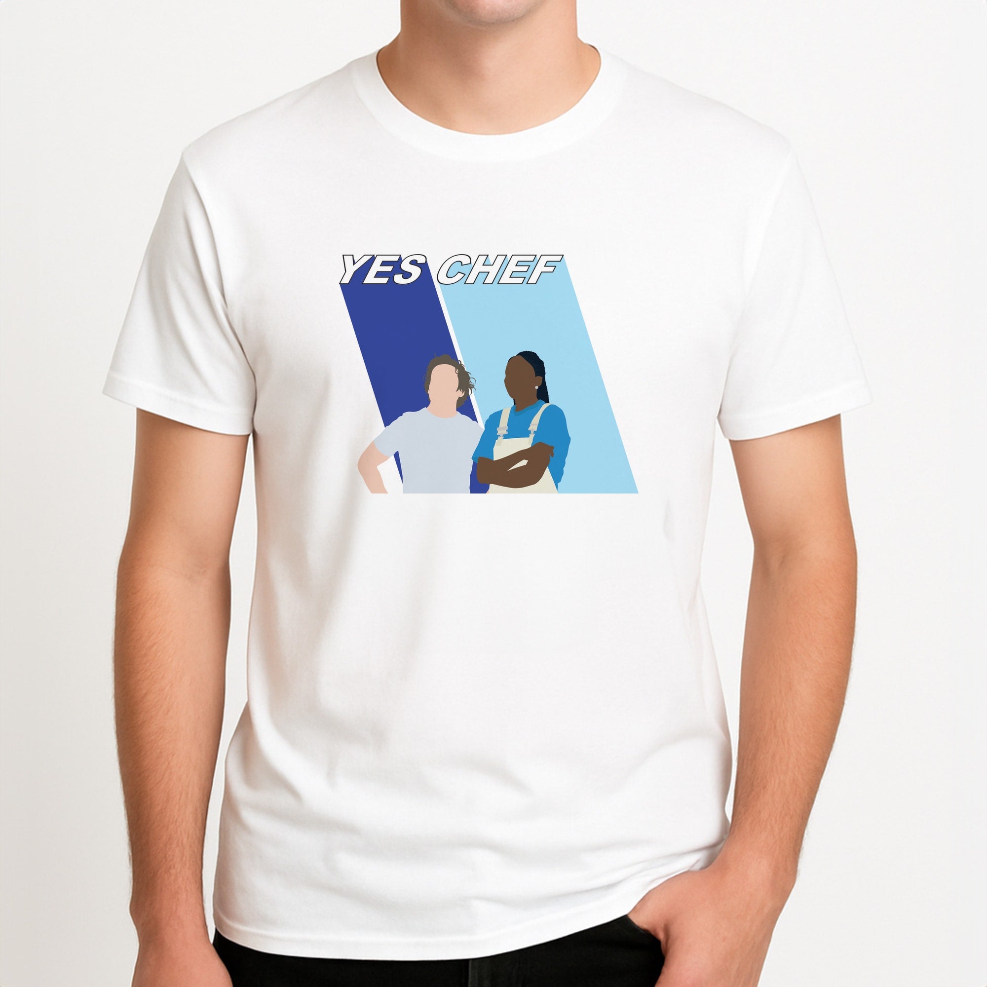 Yes Chef Blue Unisex T-Shirt, worn by a male model.