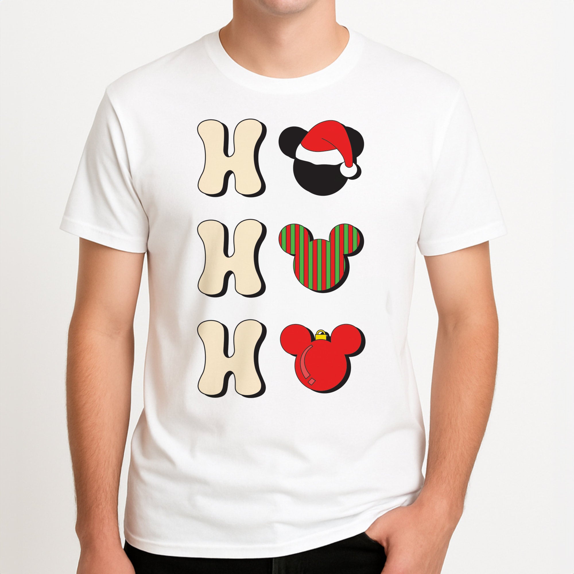 Ho Ho Ho Mickey Unisex T-Shirt, worn by a male model.