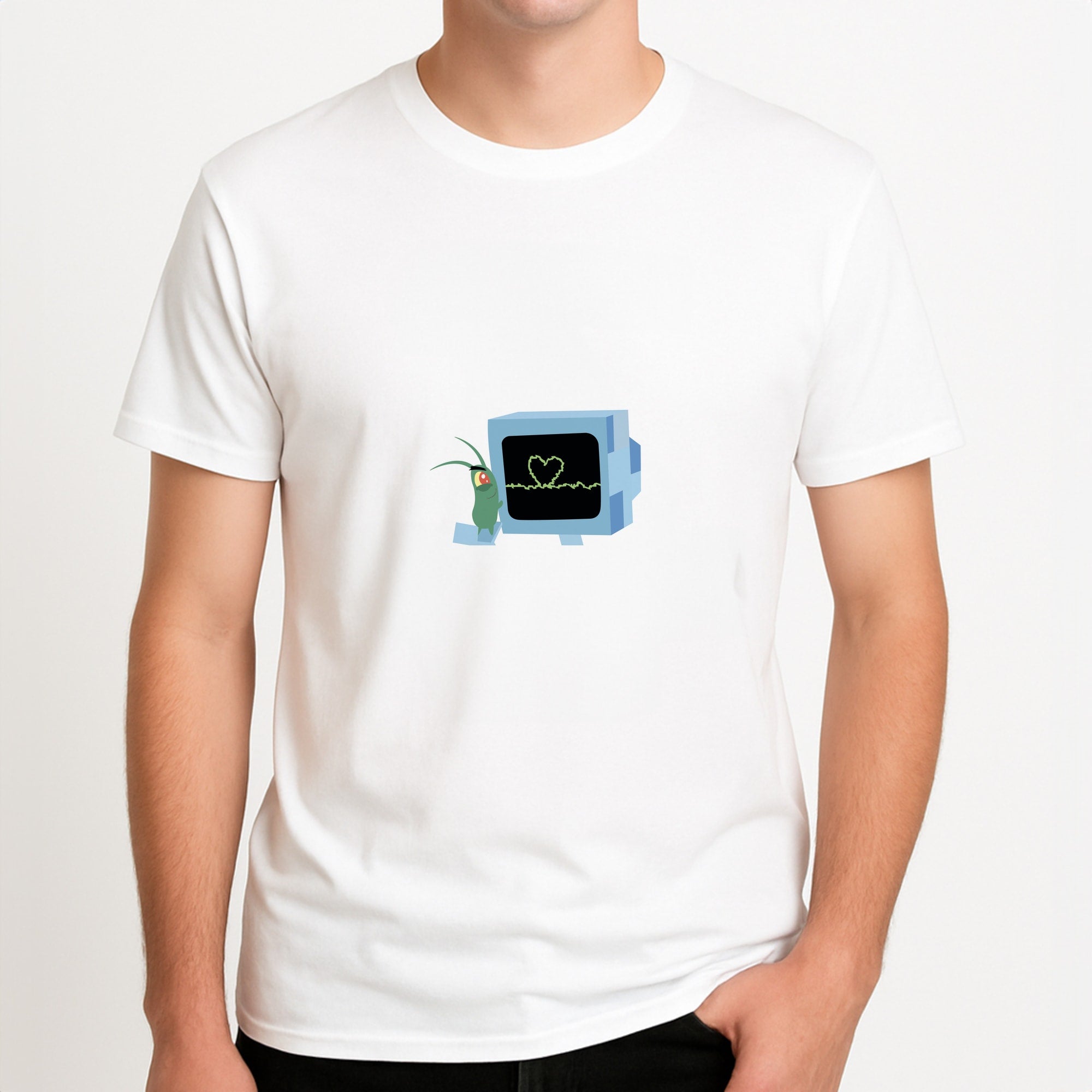 Plankton And Karen Unisex T-Shirt, worn by a male model.