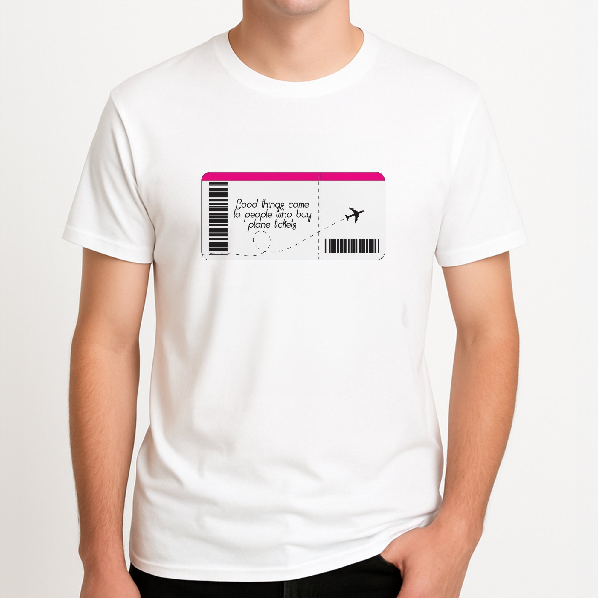 Buy Plane Tickets - Travel Unisex T-Shirt, worn by a male model.