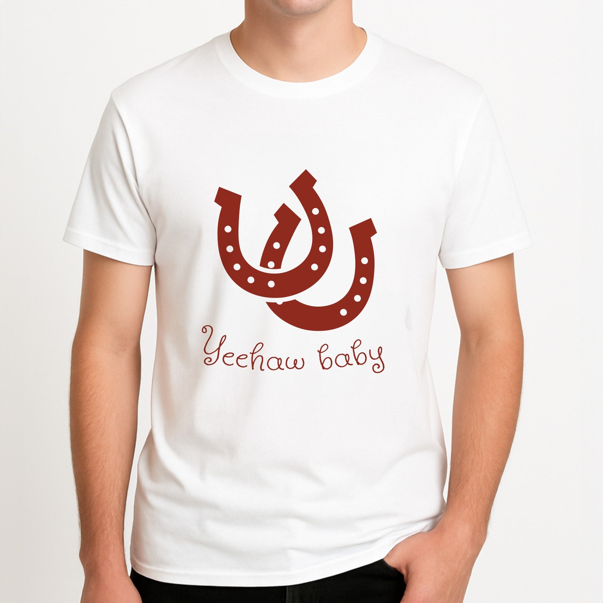 Yee-Haw Baby Unisex T-Shirt, worn by a male model.