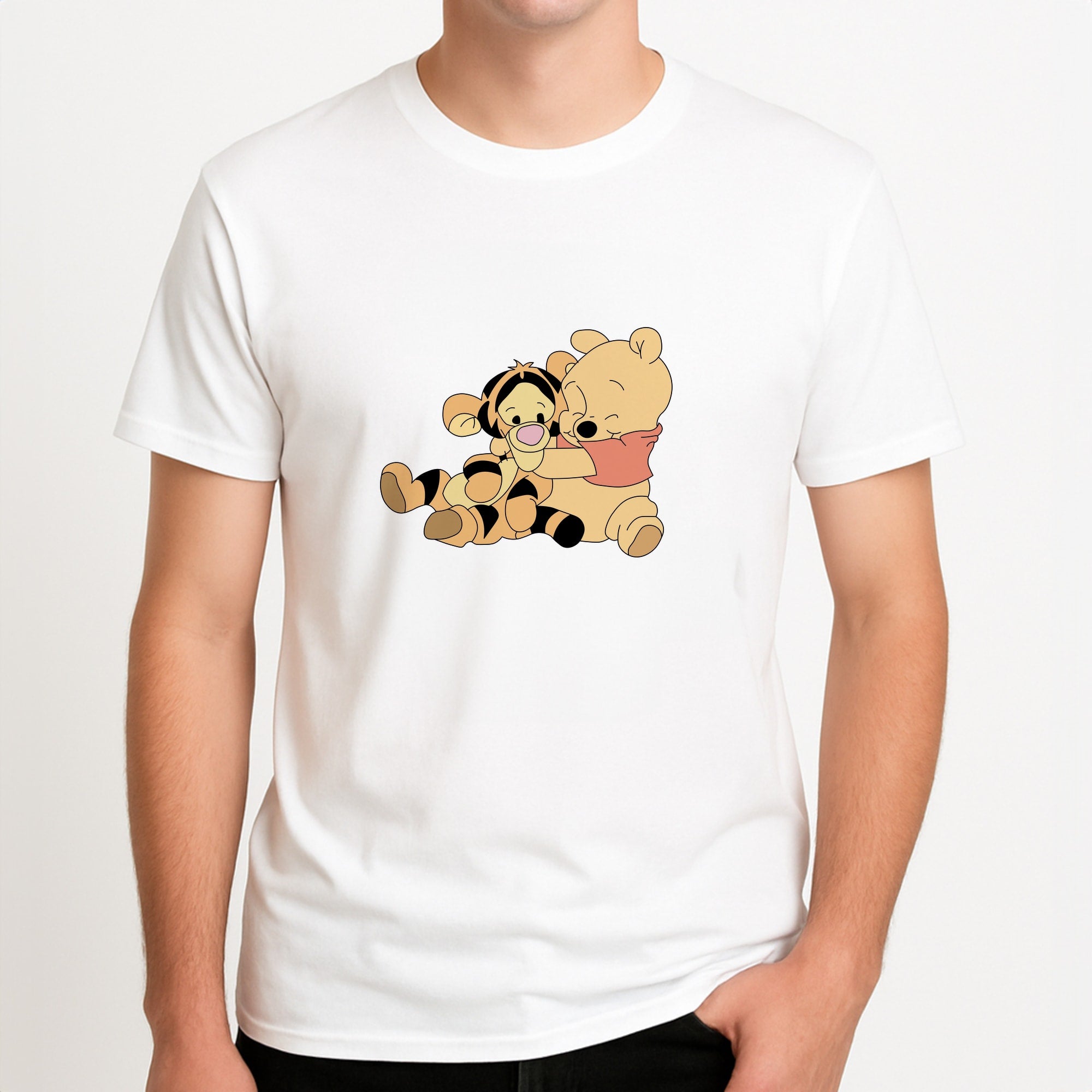 A Hug Said Pooh - Winnie Unisex T-Shirt, worn by a male model.