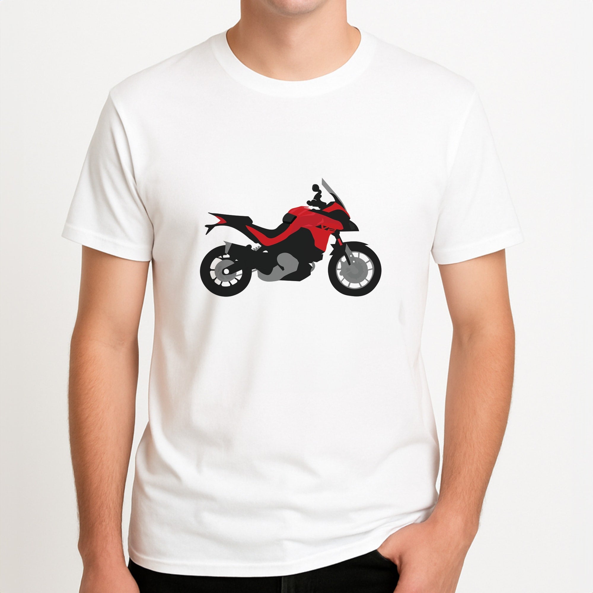 Red Motorbike - Motorbike Unisex T-Shirt, worn by a male model.