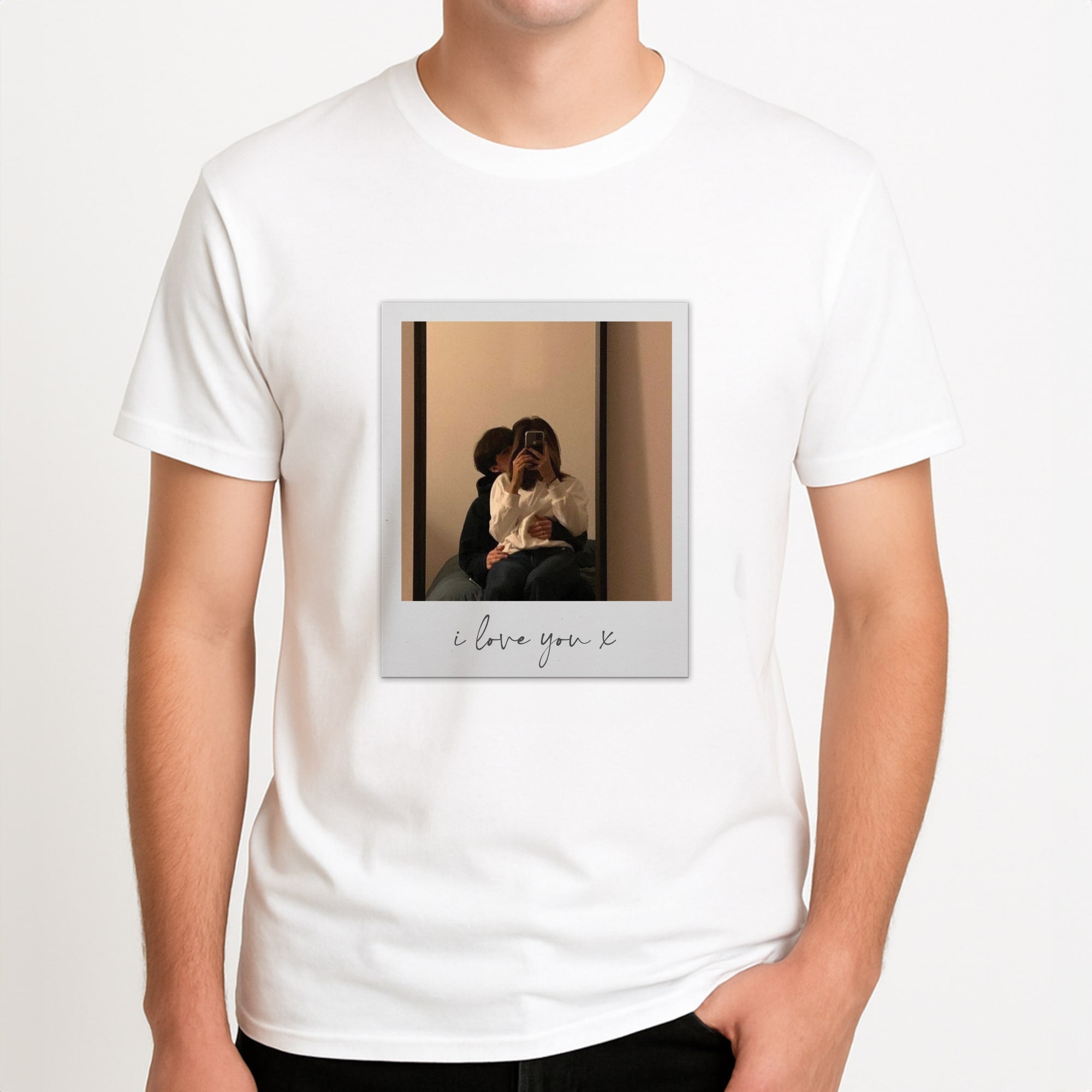 I Love You Polaroid - Personalised Couples Unisex T-Shirt, worn by a male model.
