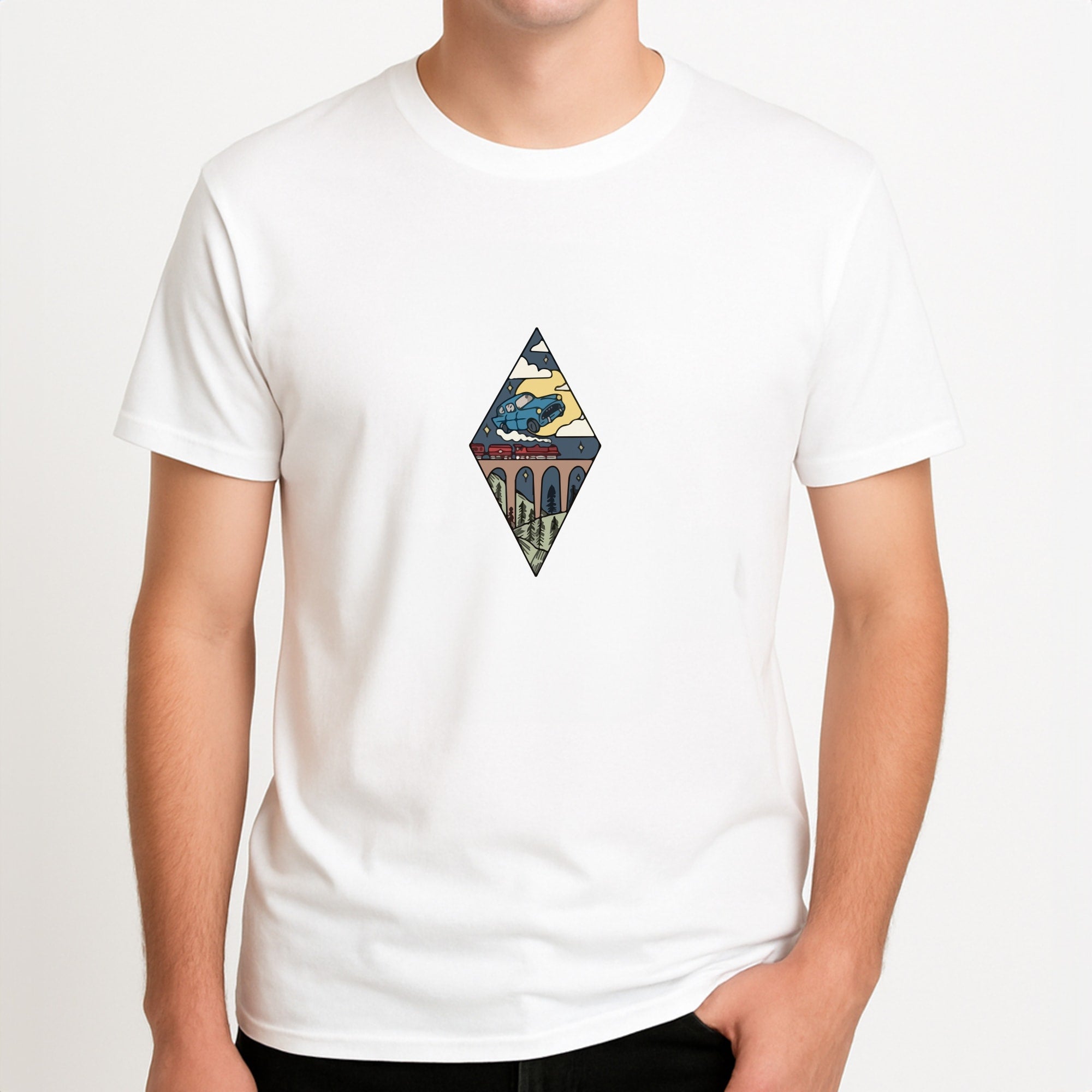 Flying Car Unisex T-Shirt, worn by a male model.