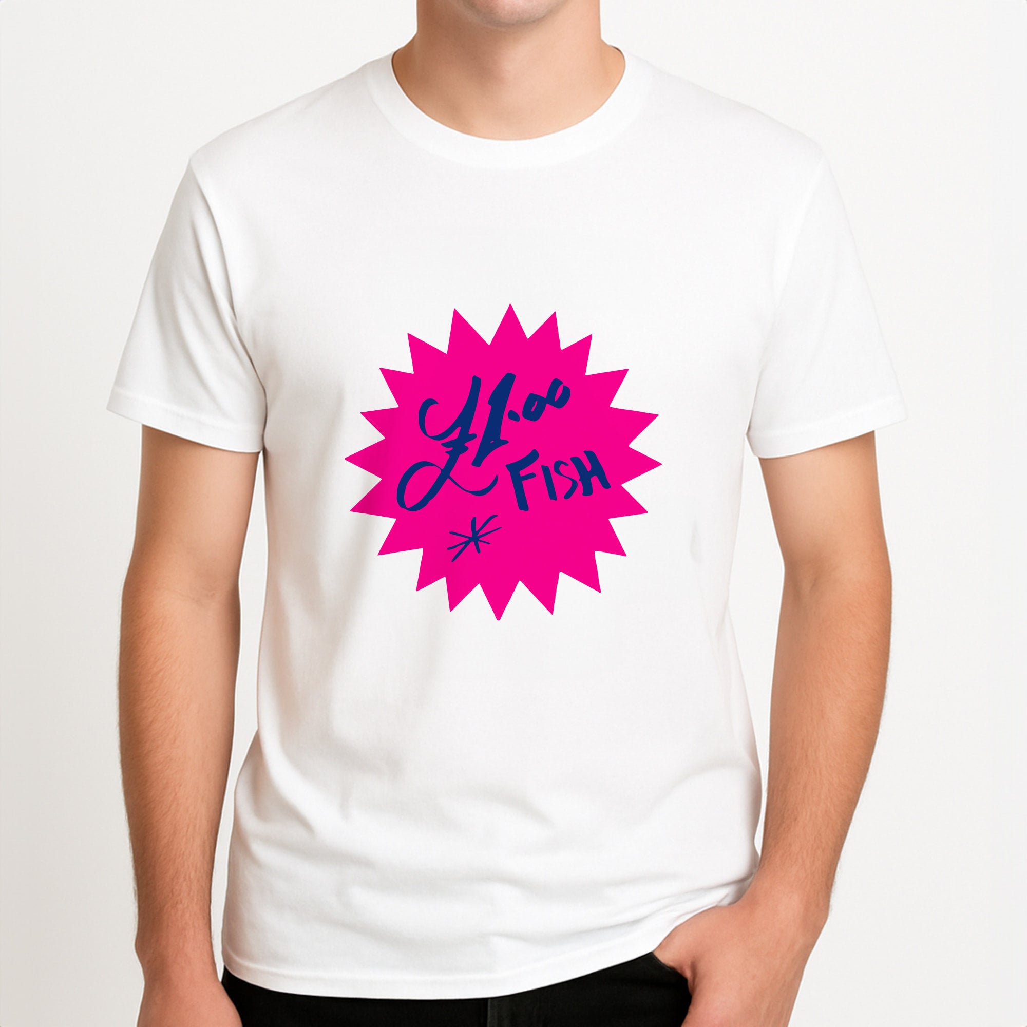 One Pound Fish - British Pop Culture Unisex T-Shirt, worn by a male model.