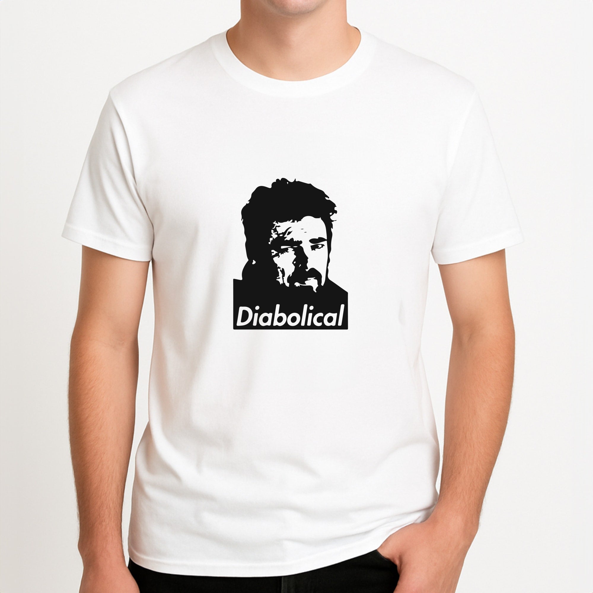 Diabolical Unisex T-Shirt, worn by a male model.