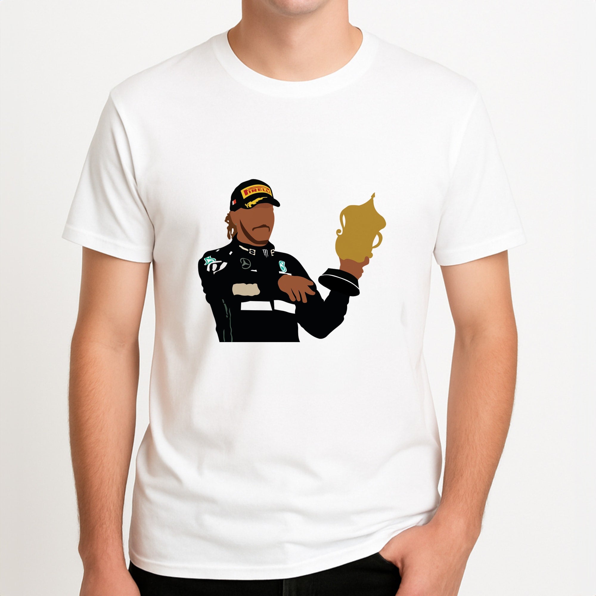 Hamilton - F1 Unisex T-Shirt, worn by a male model.