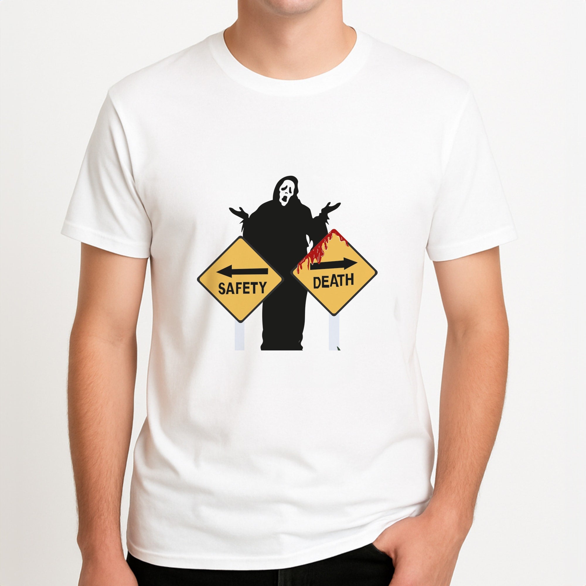 Safety Or Death - Scream Unisex T-Shirt, worn by a male model.