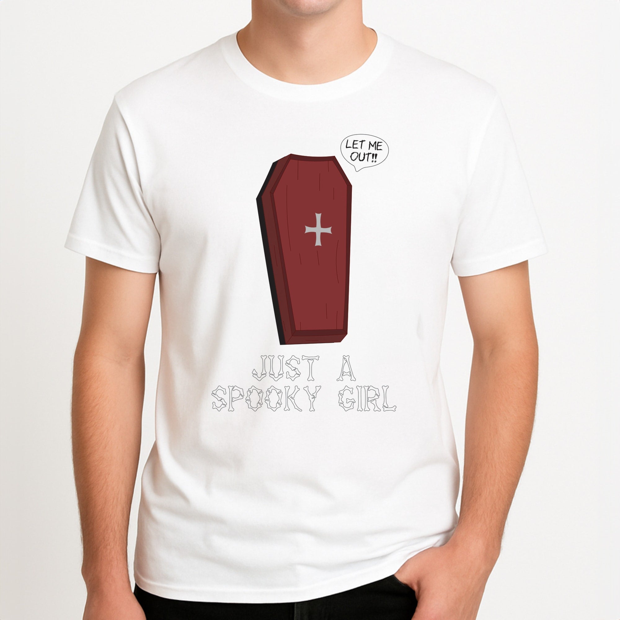 Just A Spooky Girl Unisex T-Shirt, worn by a male model.