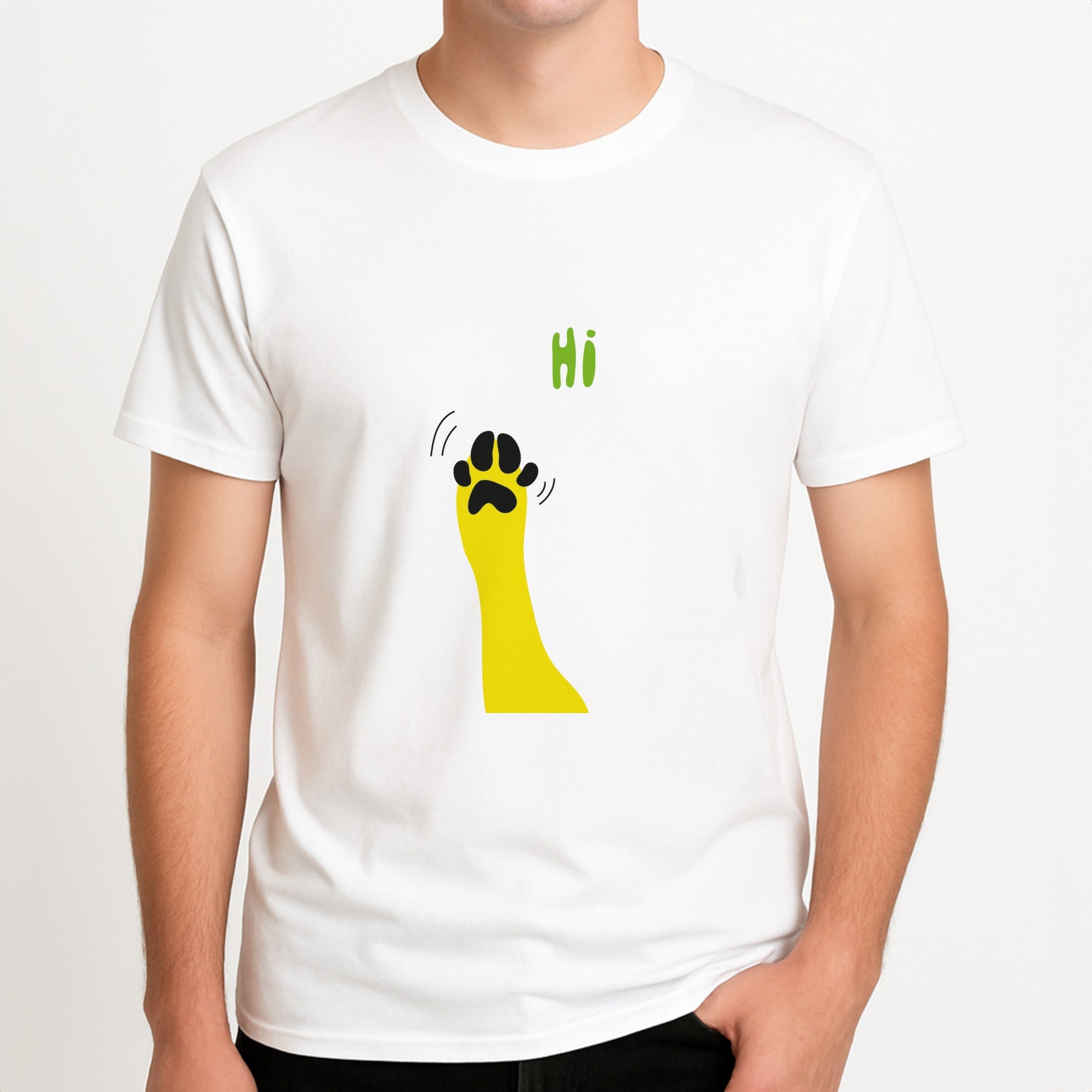 Hi - Dog Patterns Unisex T-Shirt, worn by a male model.