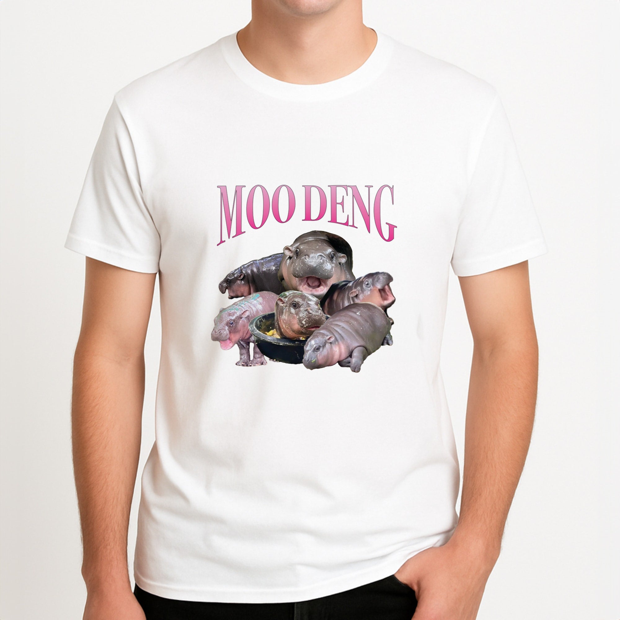 Moo Collage Unisex T-Shirt, worn by a male model.