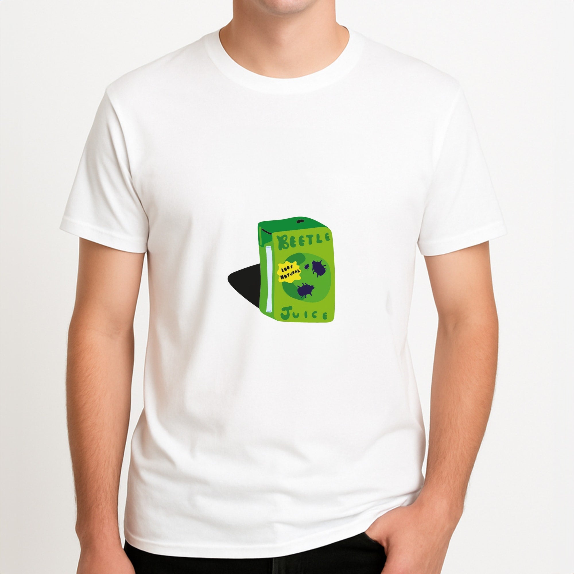 Juice - Beetle Halloween Unisex T-Shirt, worn by a male model.