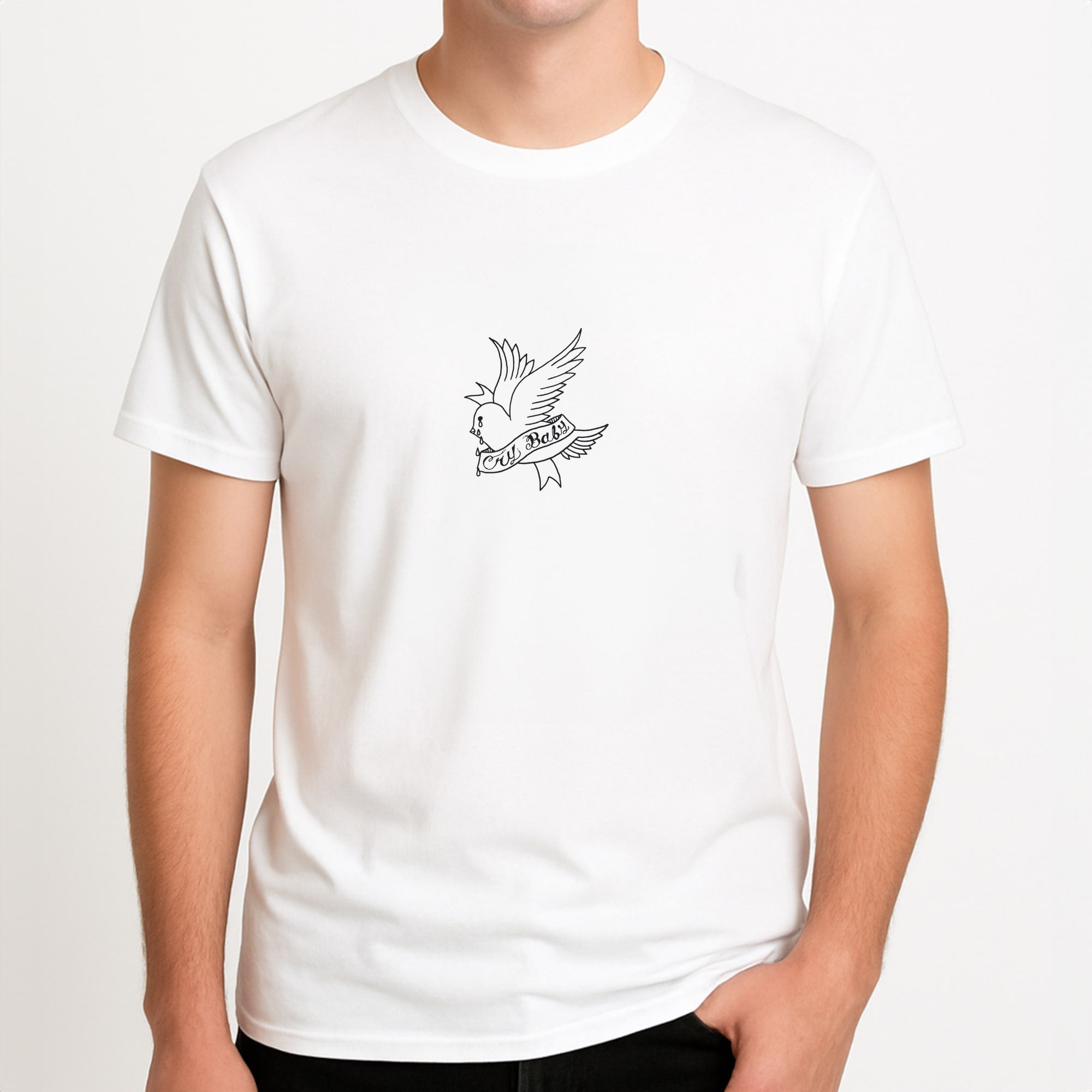 Cry Baby Bird - Peep Unisex T-Shirt, worn by a male model.