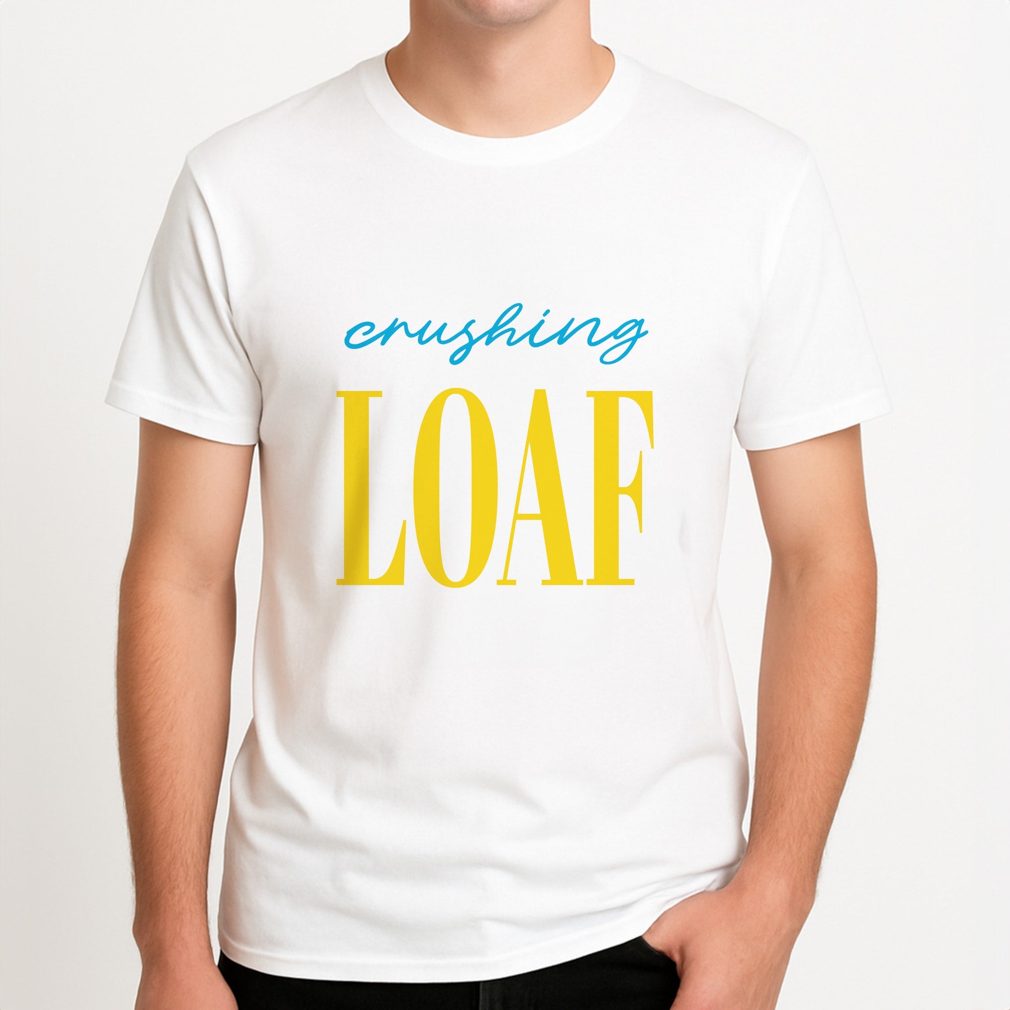 Crushing Loaf Blue Unisex T-Shirt, worn by a male model.
