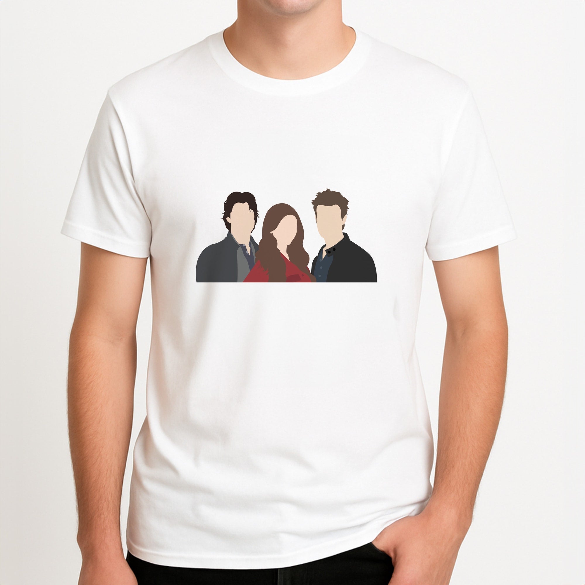 Elena, Damon And Stefan - VD Unisex T-Shirt, worn by a male model.