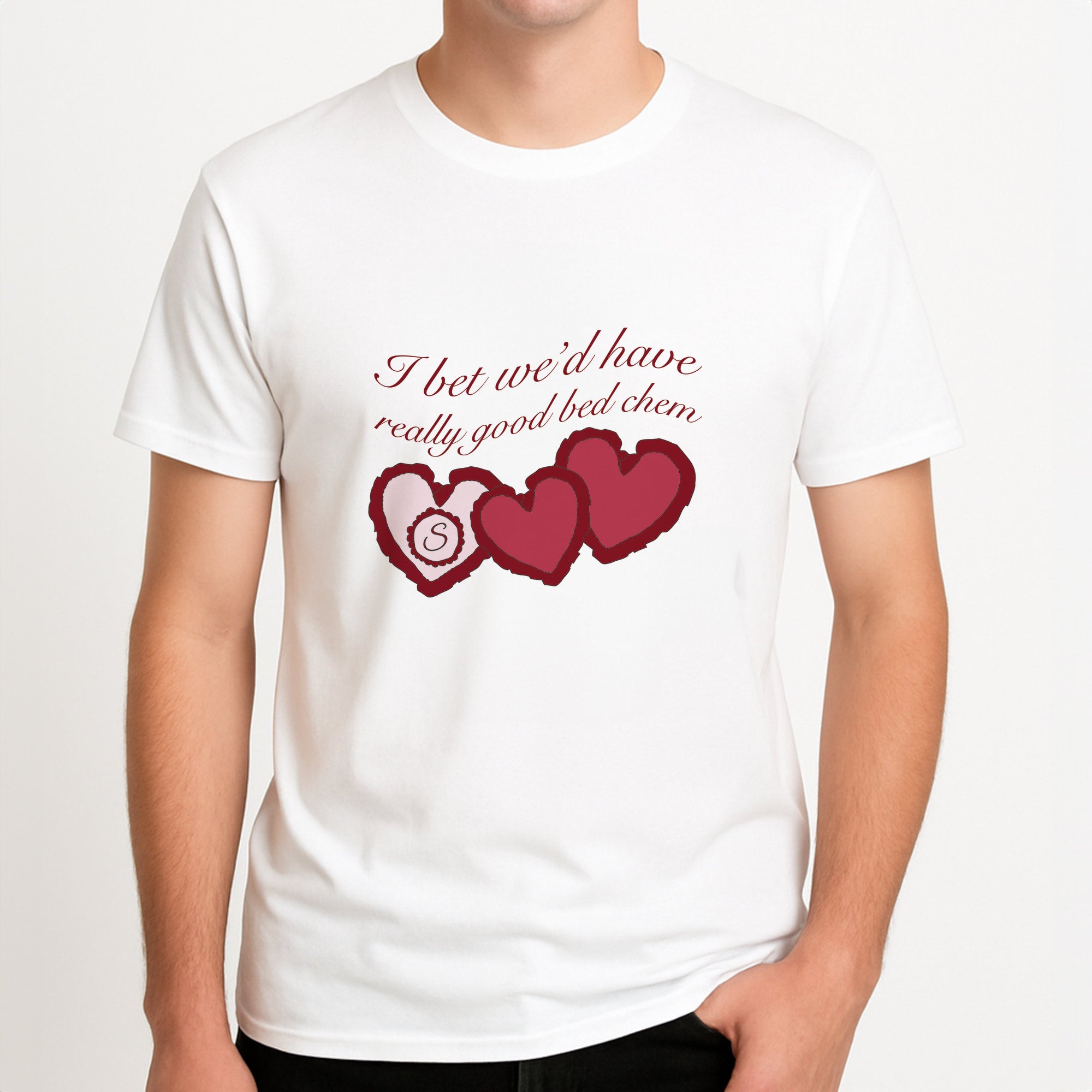 I Bet We'd Have Good Bed Chem Unisex T-Shirt, worn by a male model.