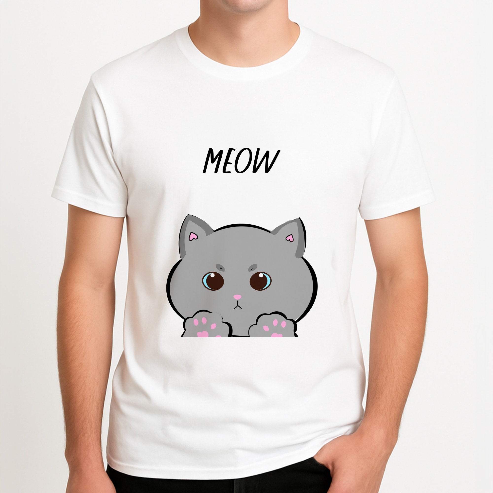Grey Kitty - Cats Unisex T-Shirt, worn by a male model.