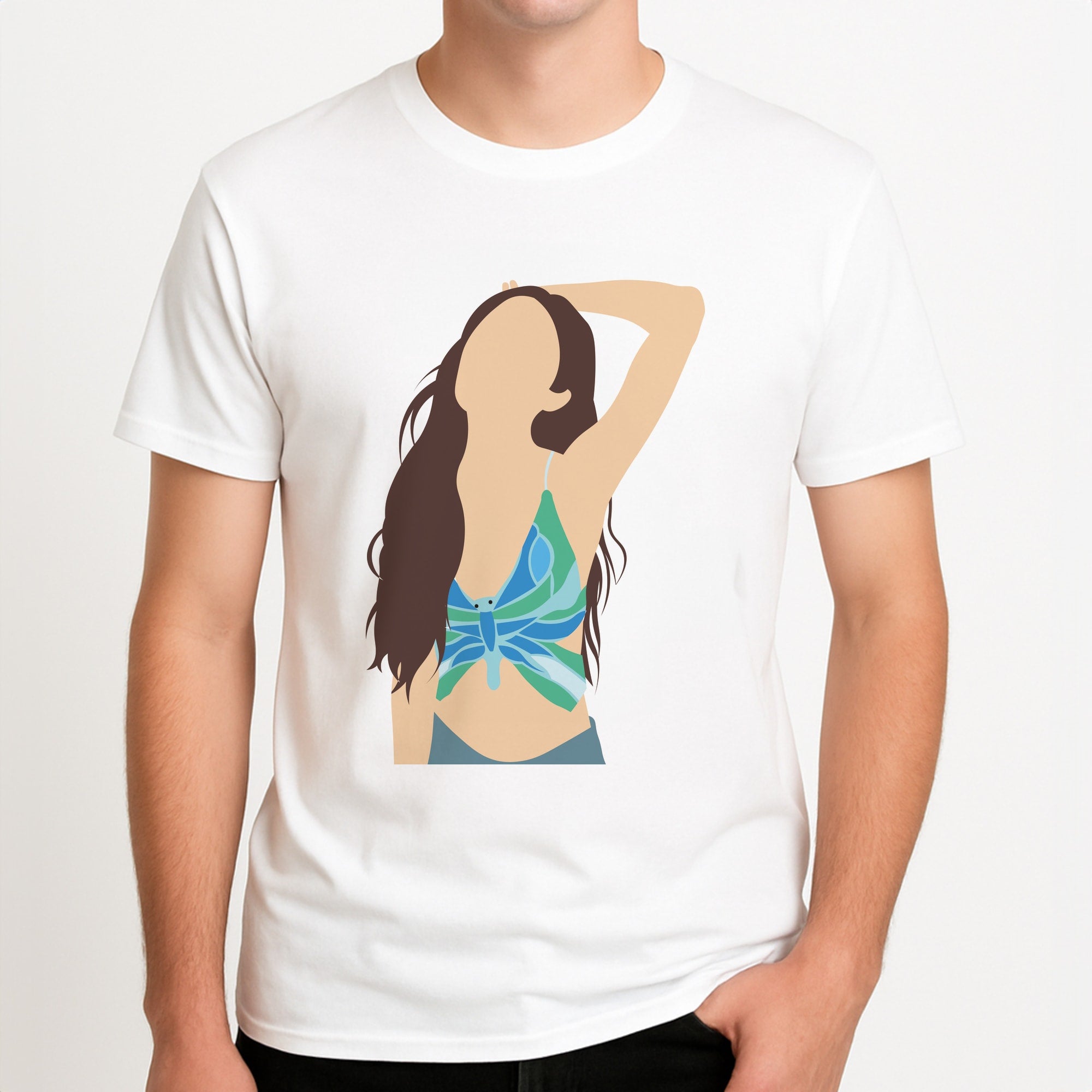 Butterfly Top - Olivia Unisex T-Shirt, worn by a male model.