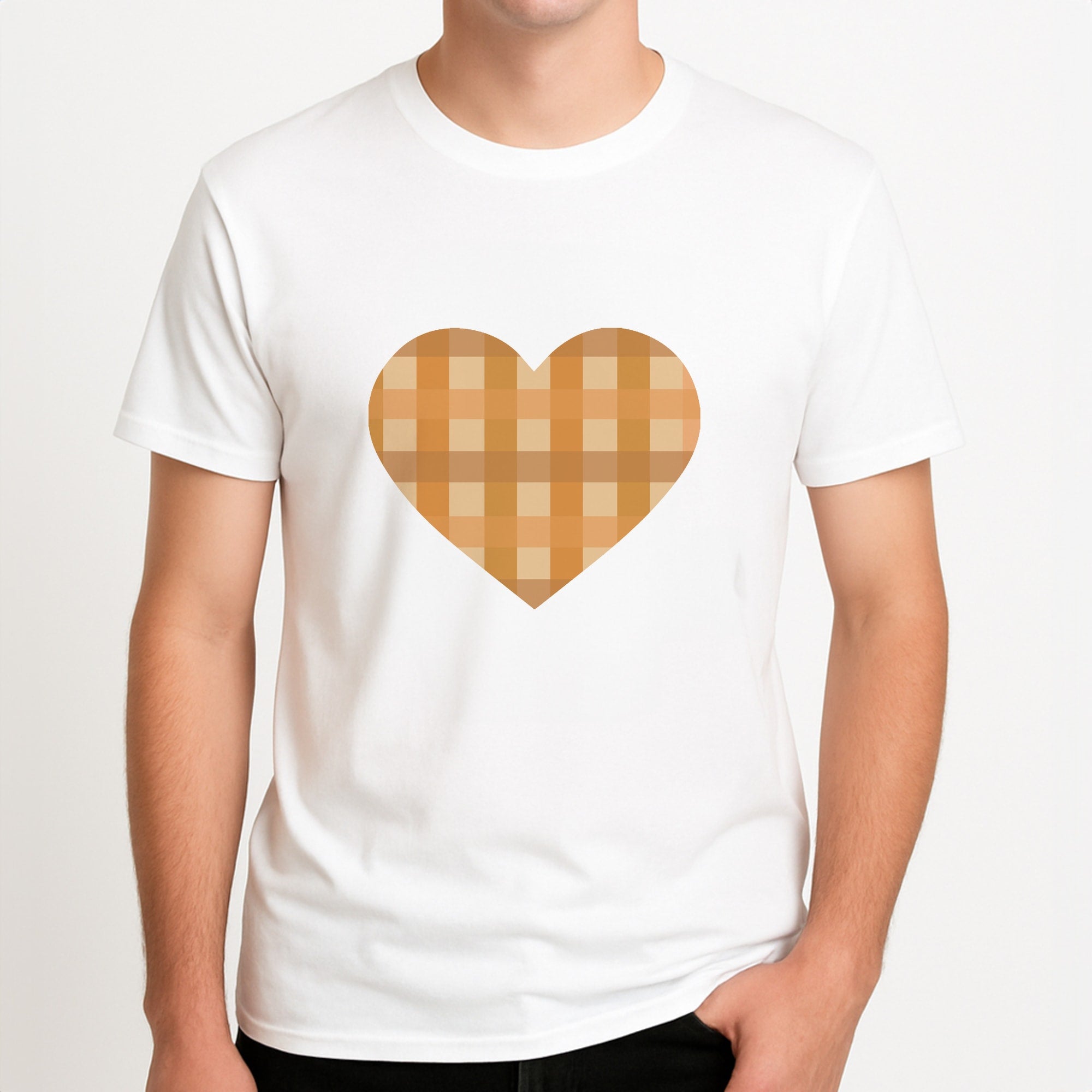 Orange Plaid Pattern- Autumn Unisex T-Shirt, worn by a male model.