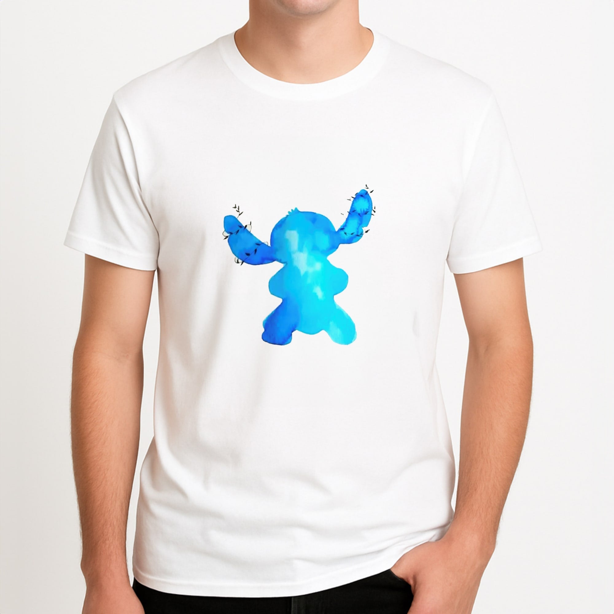 Watercolour Blue Alien Disney Unisex T-Shirt, worn by a male model.