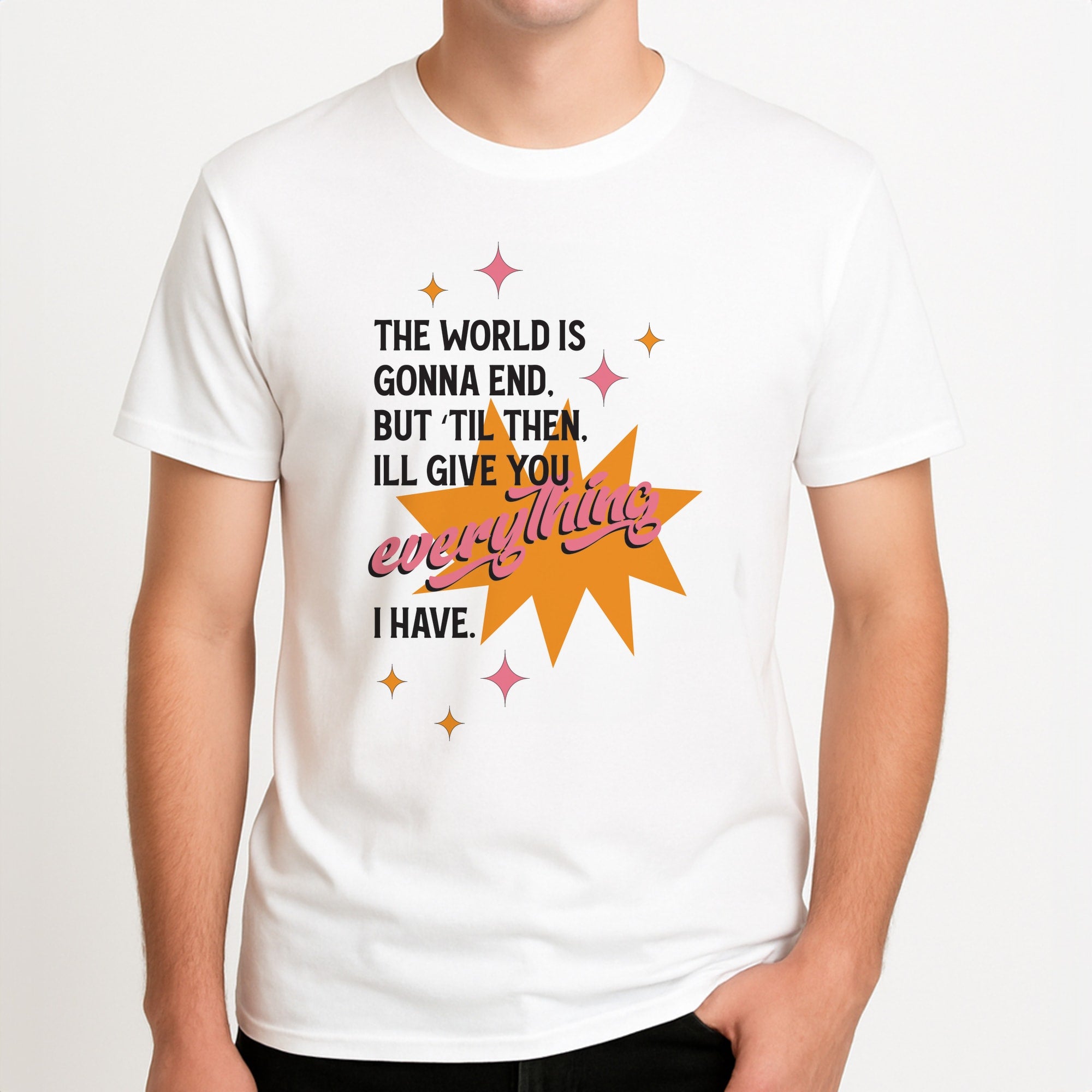 The World Is Gonna End - Fender Unisex T-Shirt, worn by a male model.