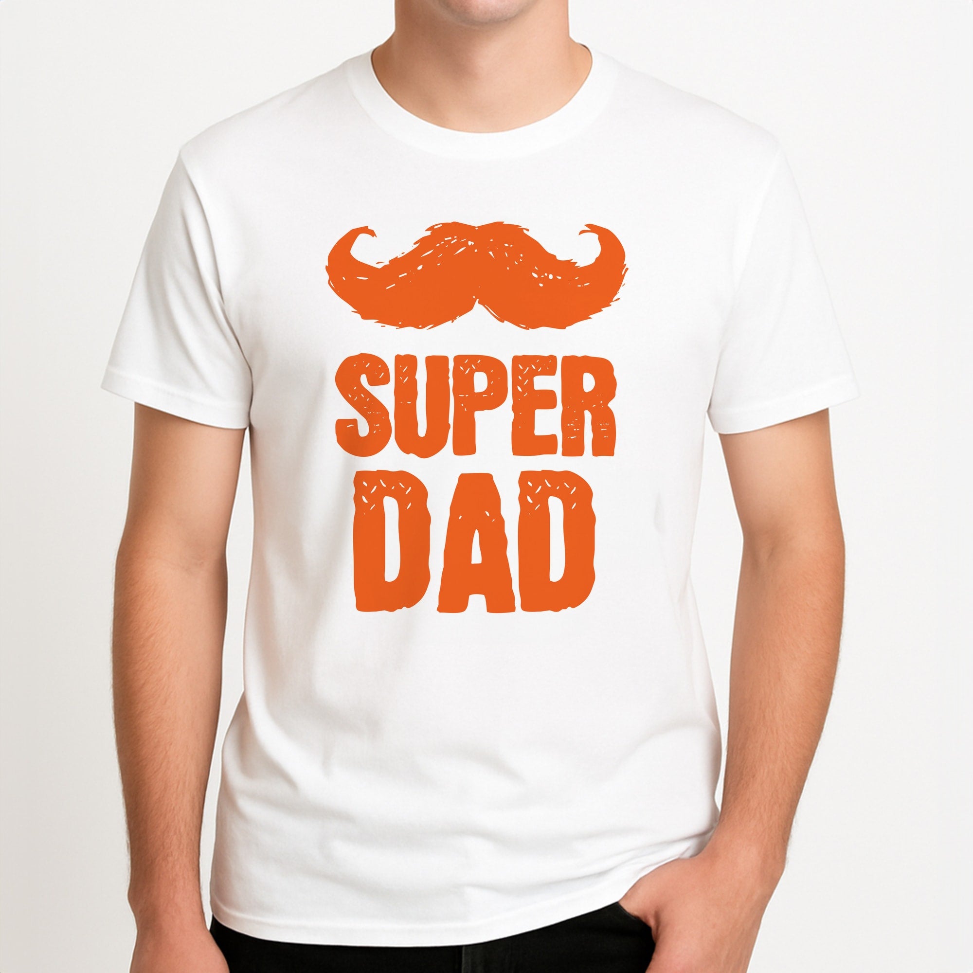 Moustache Super Dad Orange Unisex T-Shirt, worn by a male model.