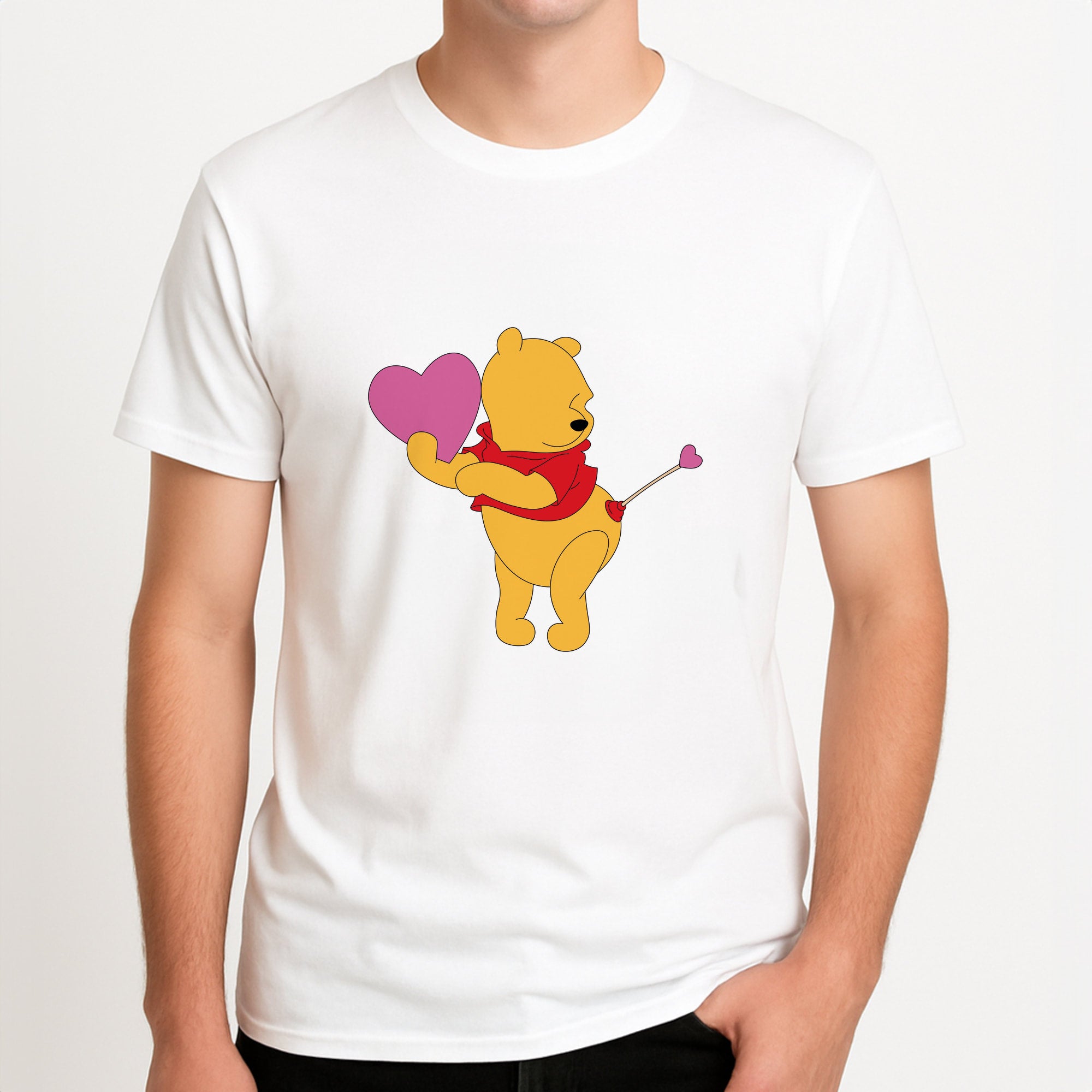 Cupid Pooh Valentine's Unisex T-Shirt, worn by a male model.