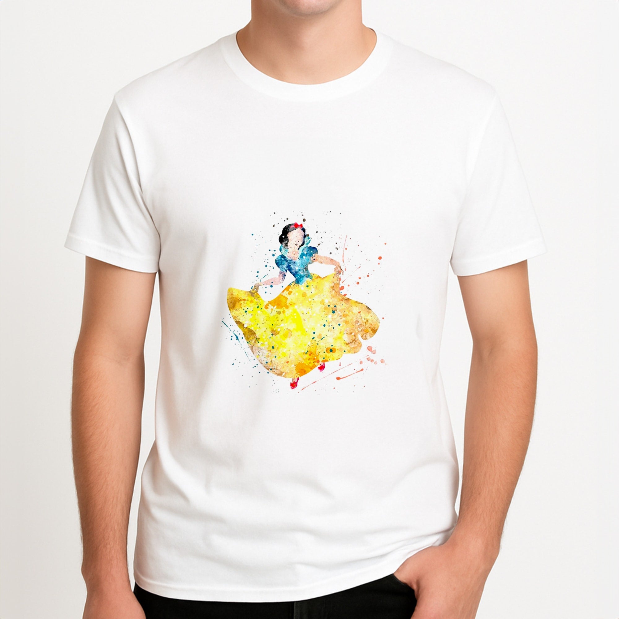 Watercolour Snow White Fairytale Unisex T-Shirt, worn by a male model.