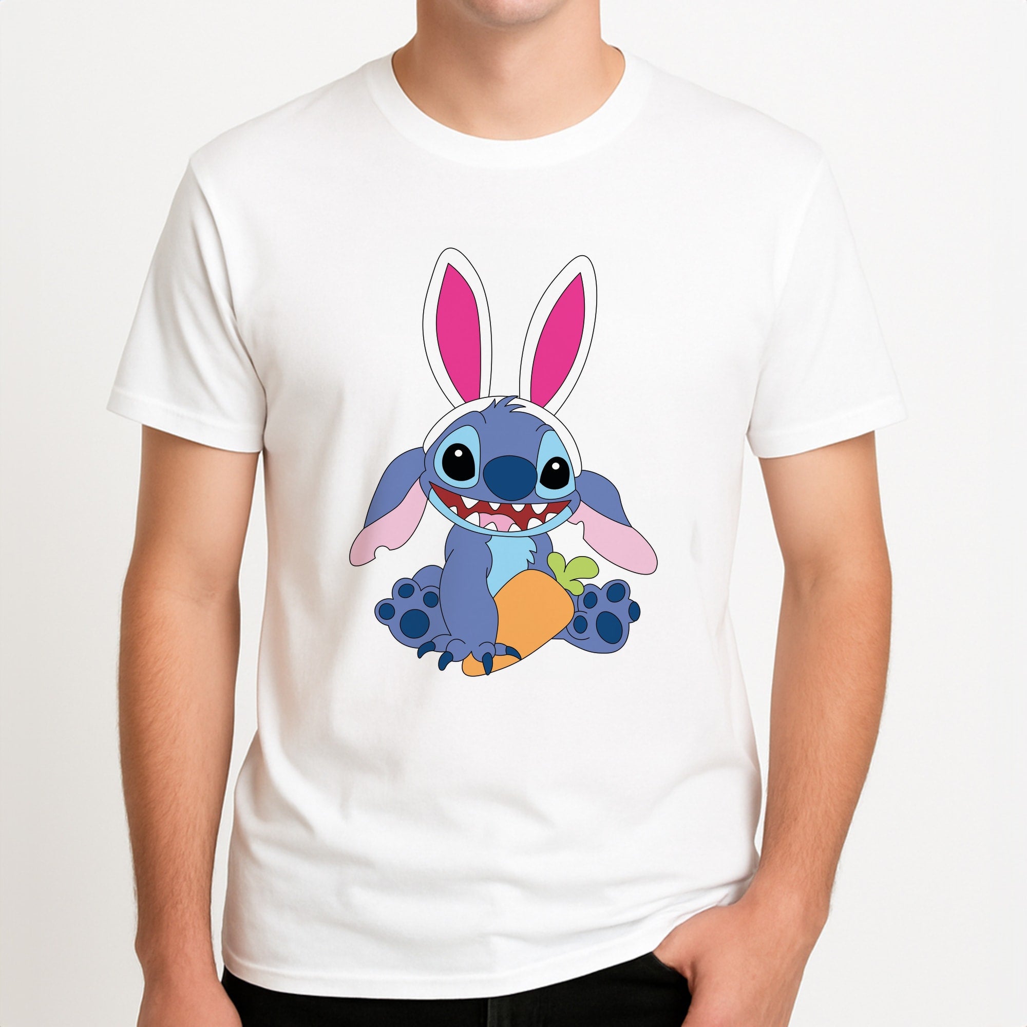 Easter Bunny Blue Alien Unisex T-Shirt, worn by a male model.