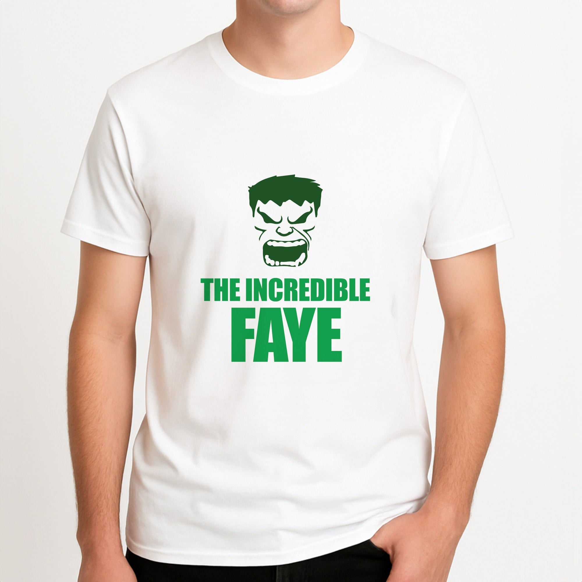 Hulk - Personalised Superhero Comic Unisex T-Shirt, worn by a male model.