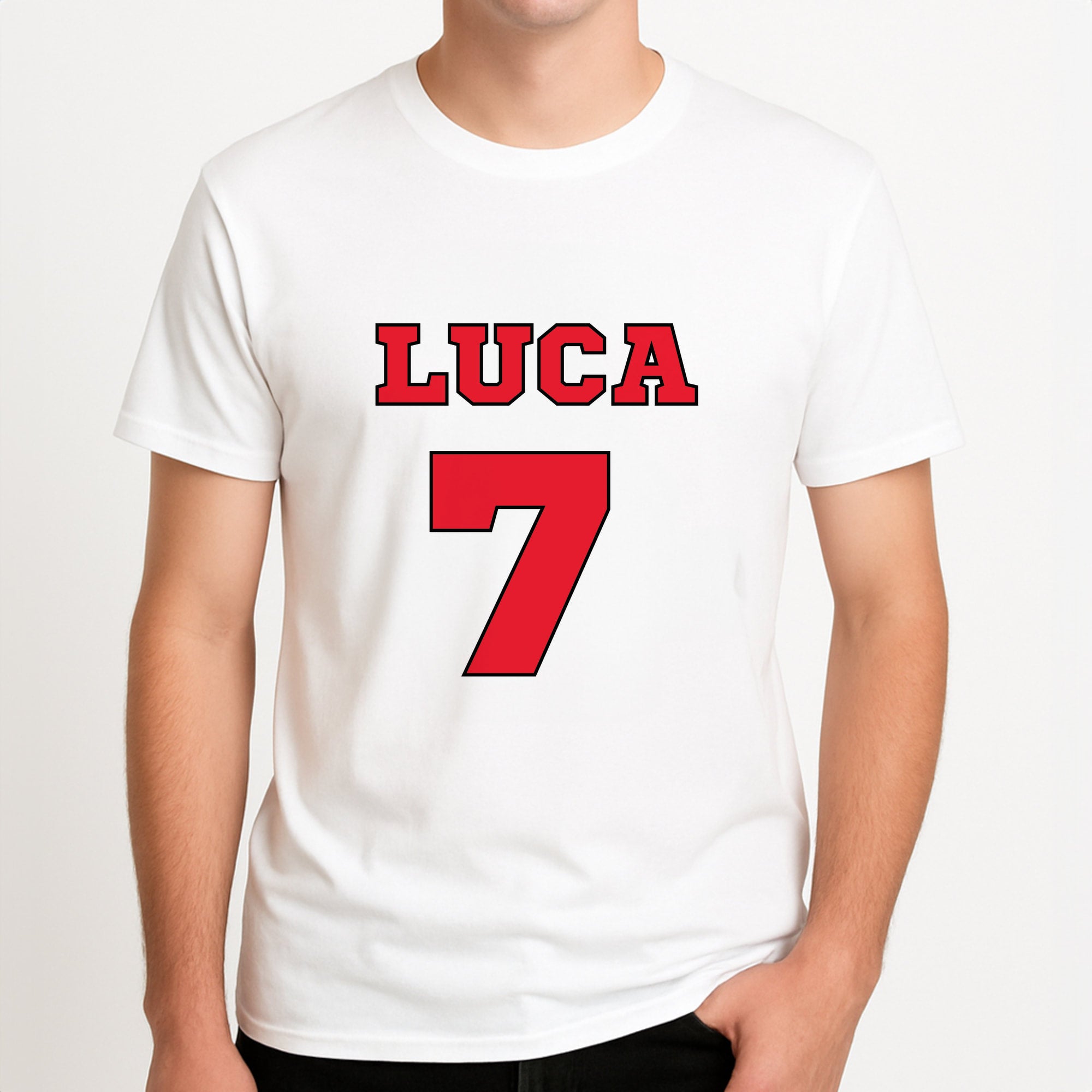Red - Personalised Football Unisex T-Shirt, worn by a male model.