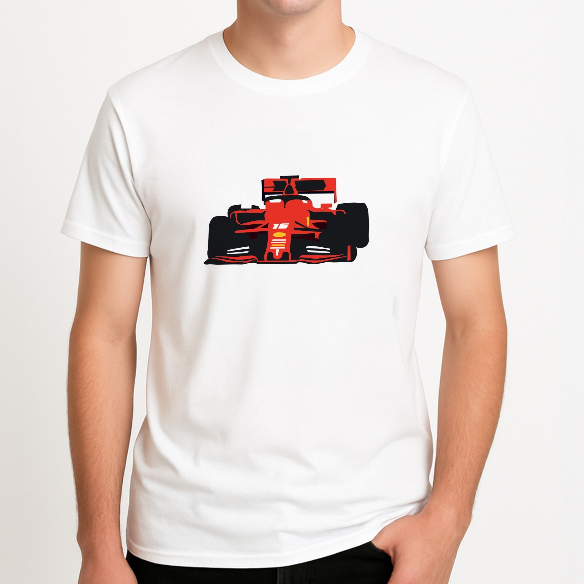 F1 Car Unisex T-Shirt, worn by a male model.