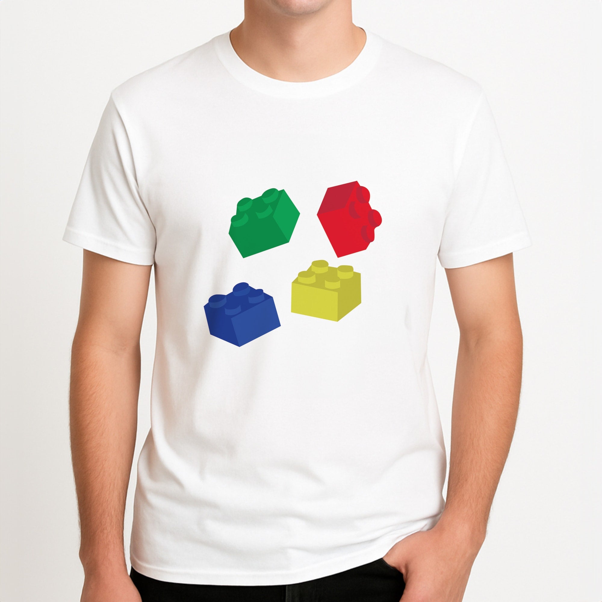 Coloured Bricks Unisex T-Shirt, worn by a male model.