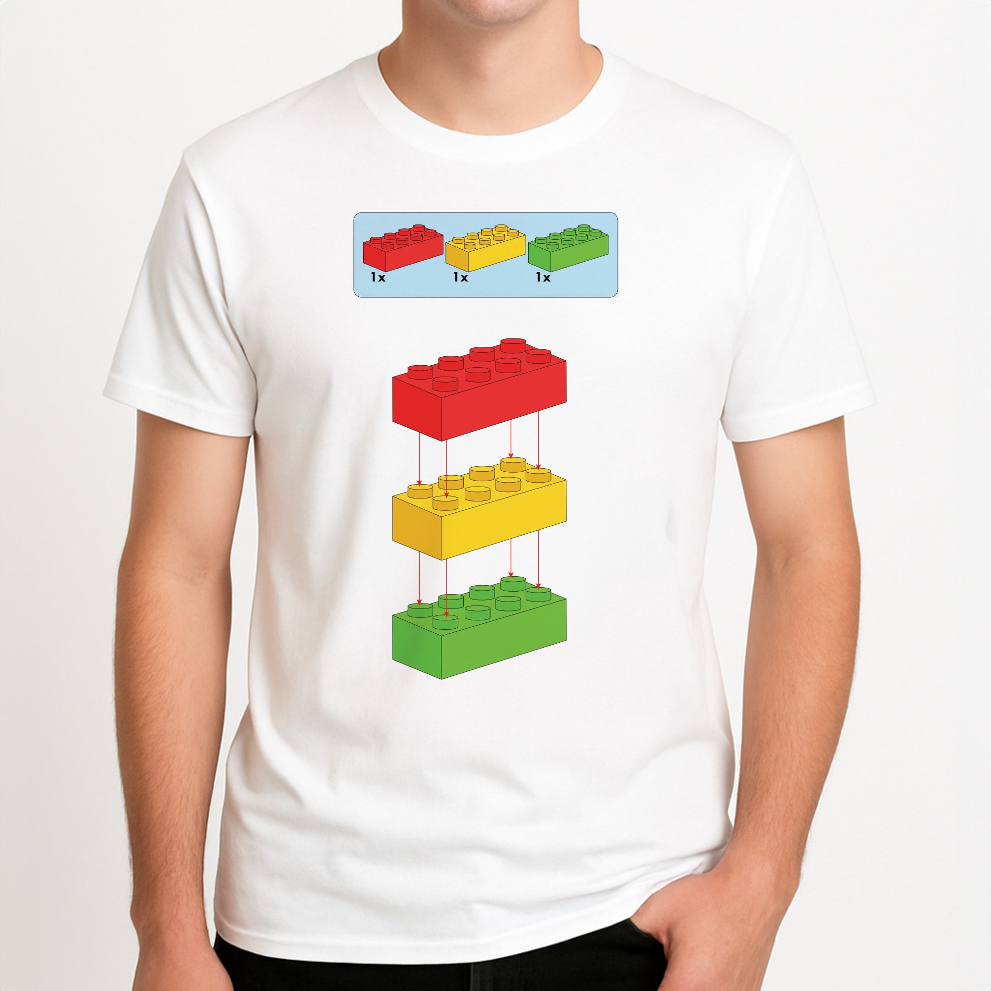 Bricks Instruction Set Unisex T-Shirt, worn by a male model.