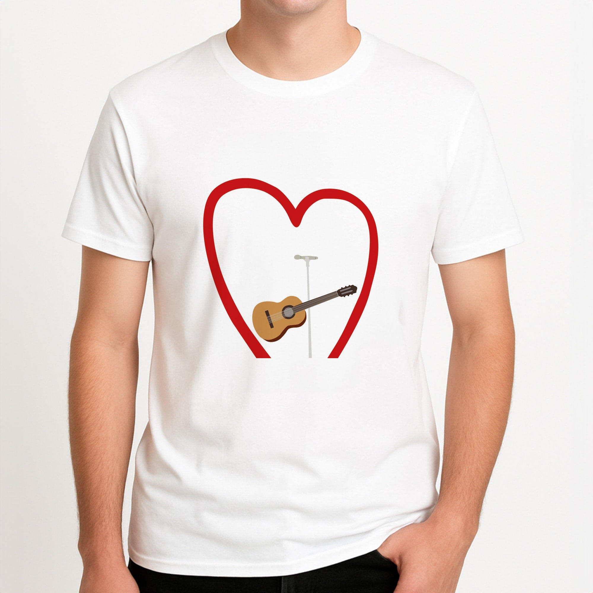 Love Guitar Unisex T-Shirt, worn by a male model.