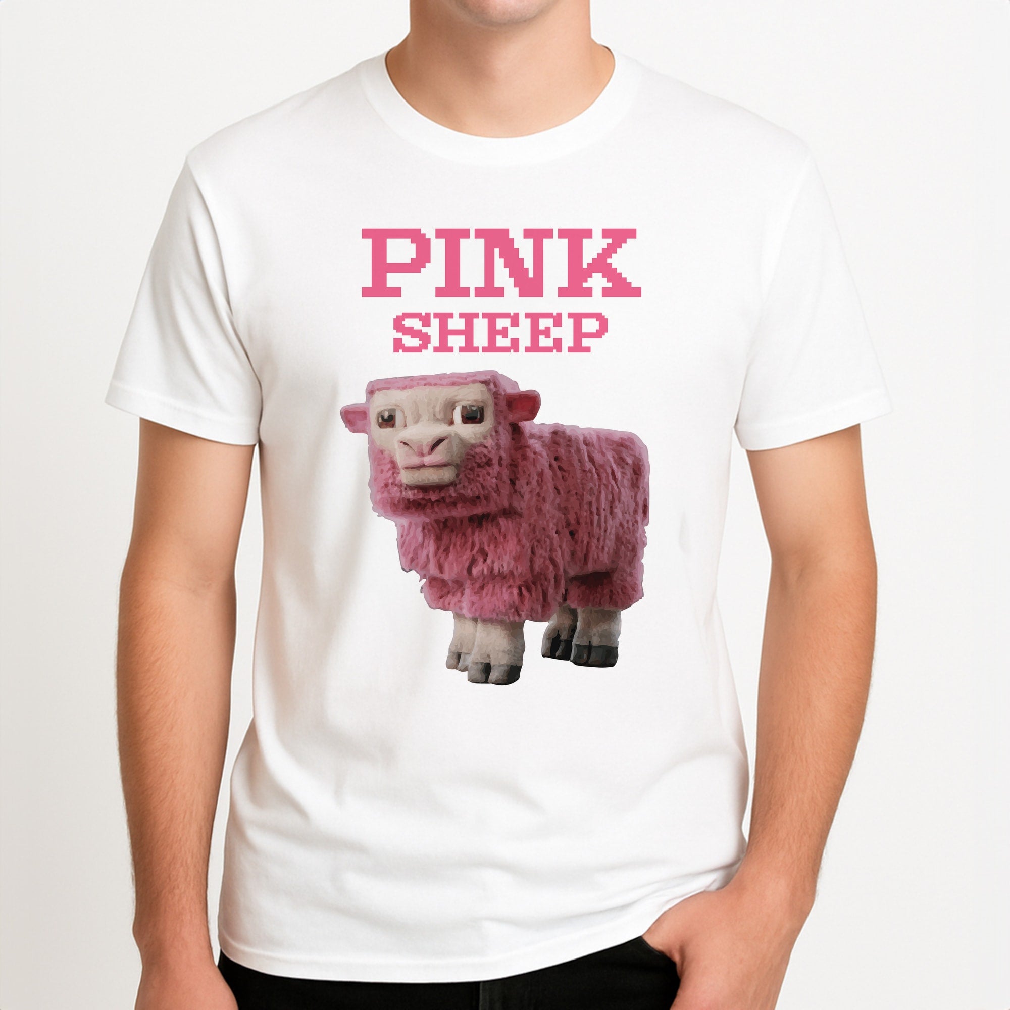 Pink Sheep Unisex T-Shirt, worn by a male model.